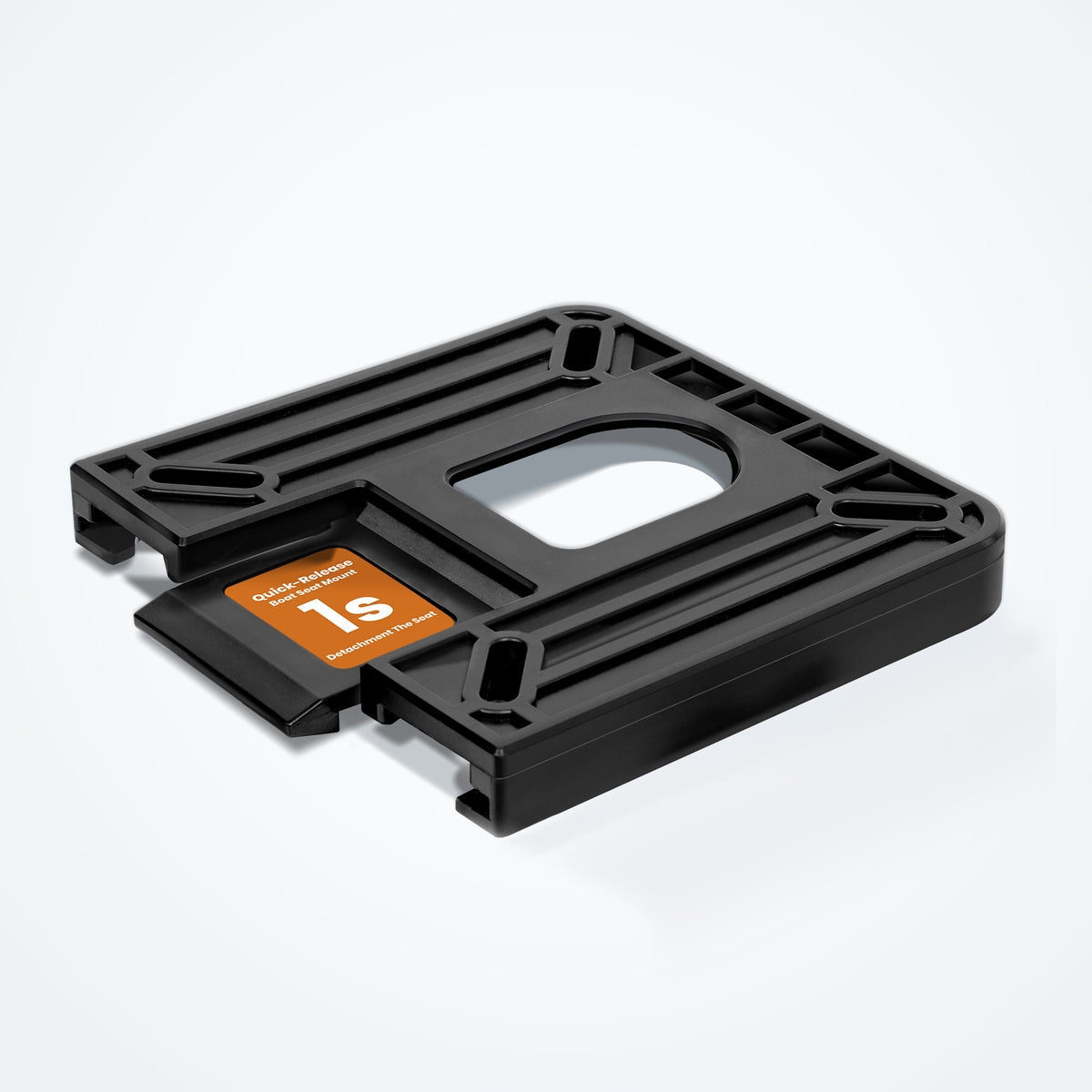 Marinexplore black quick disconnect boat seat mount 7x7 inch with one-second press release button, angled product view.