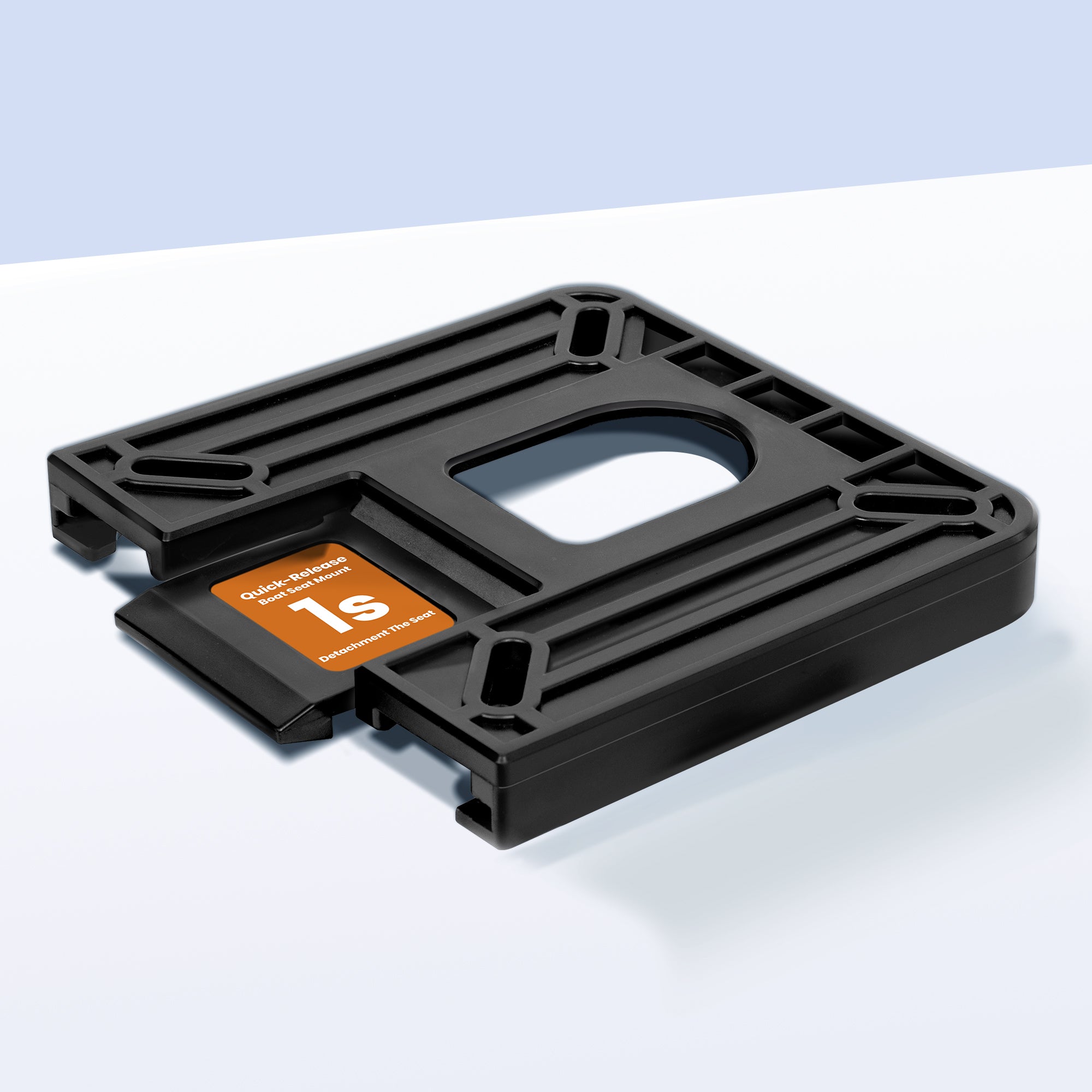 Marinexplore black quick disconnect boat seat mount 7x7 inch with one-second press release button, angled product view.