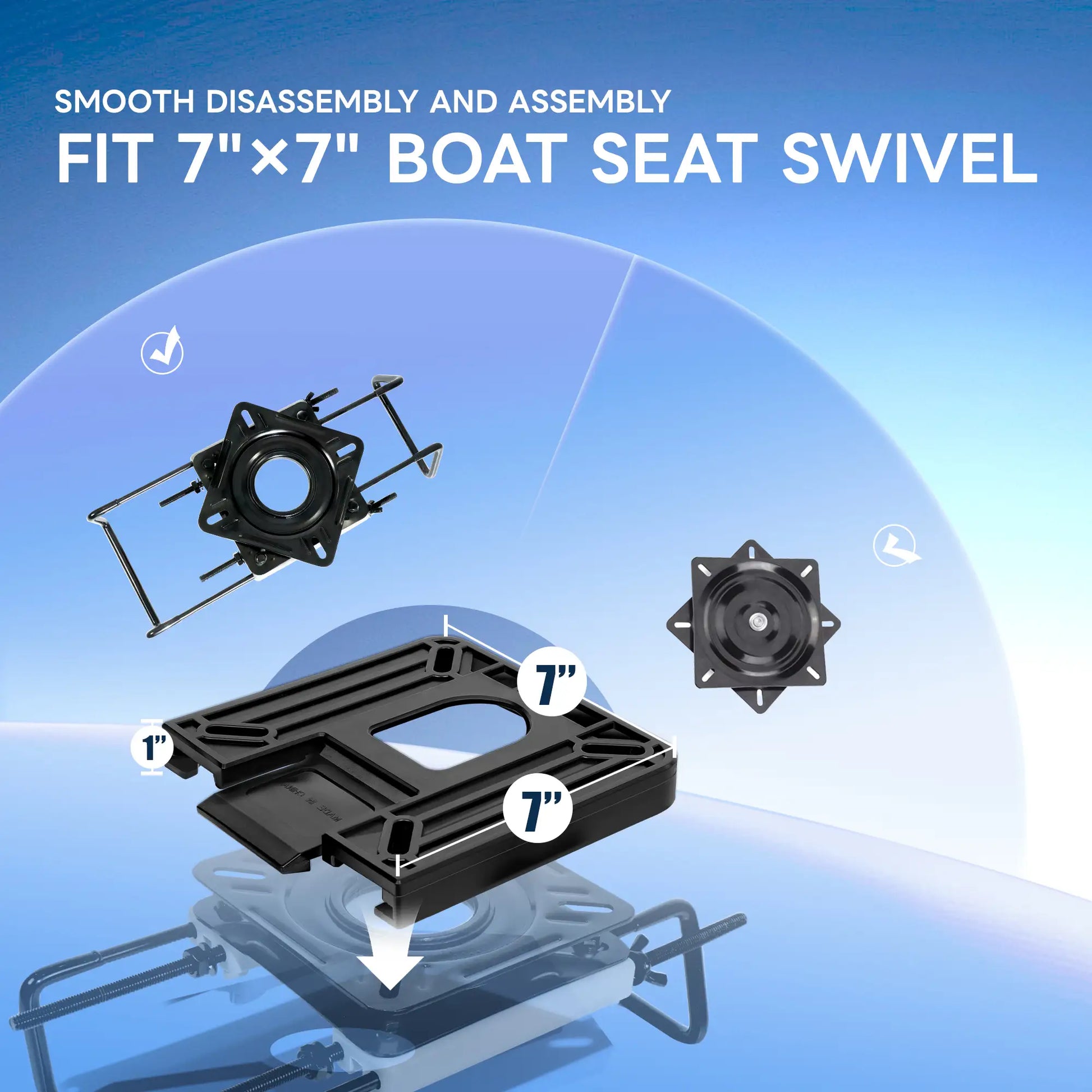 Marinexplore quick disconnect boat seat mount fitting standard 7x7 inch boat seat swivel bases, showing 7 inch by 7 inch by 1 inch dimensions with compatible swivel types.