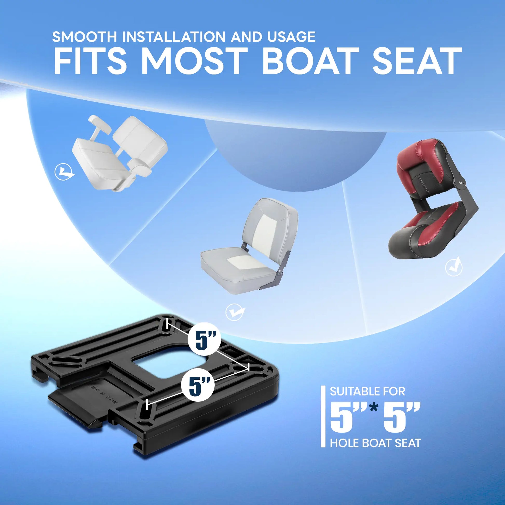 Marinexplore quick disconnect boat seat mount compatible with most boat seats using 5x5 inch hole pattern, including folding, bucket, and captain-style boat seats.