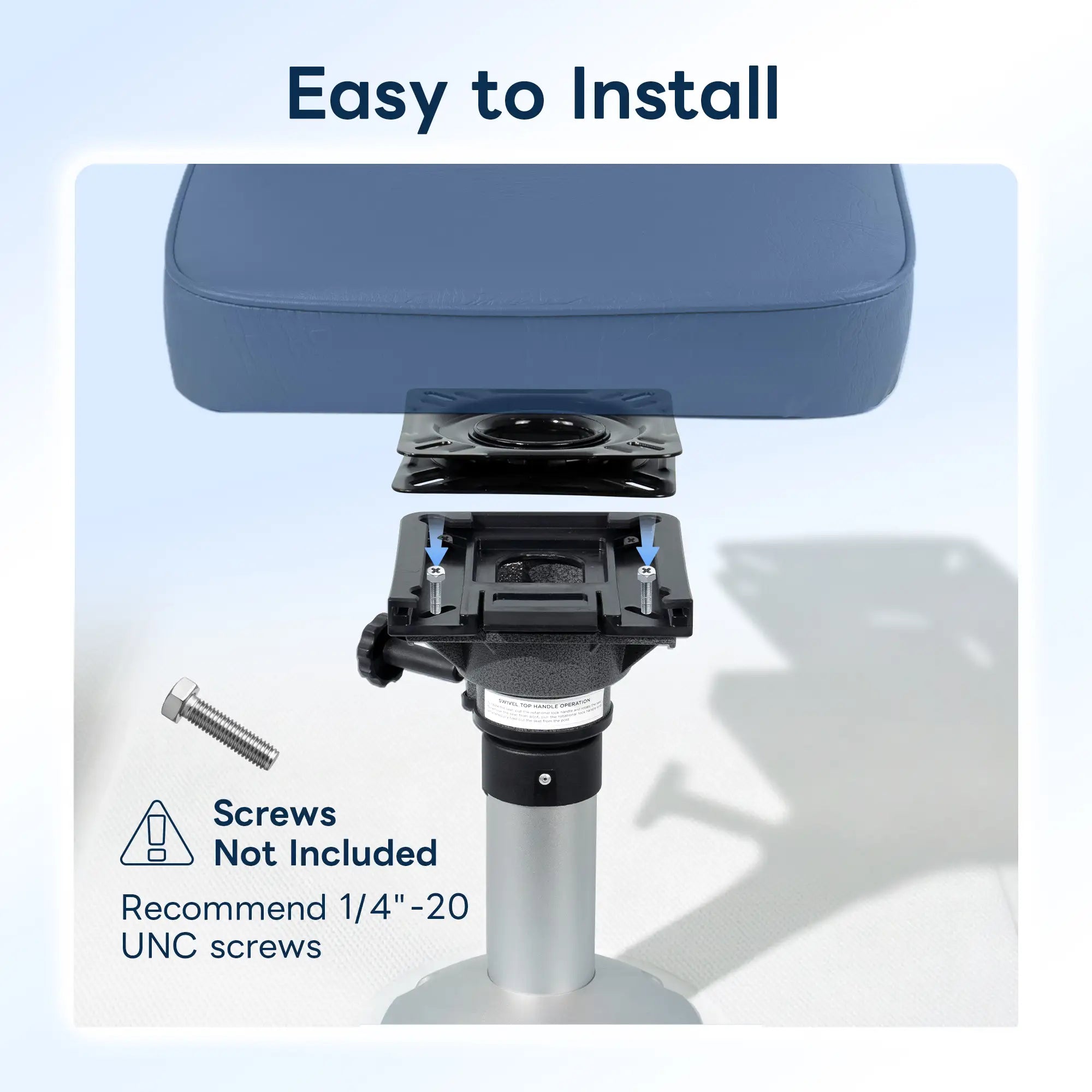 Marinexplore quick disconnect seat mount easy installation diagram showing swivel plate attaching to pedestal base, with note that 1/4 inch UNC screws are not included.
