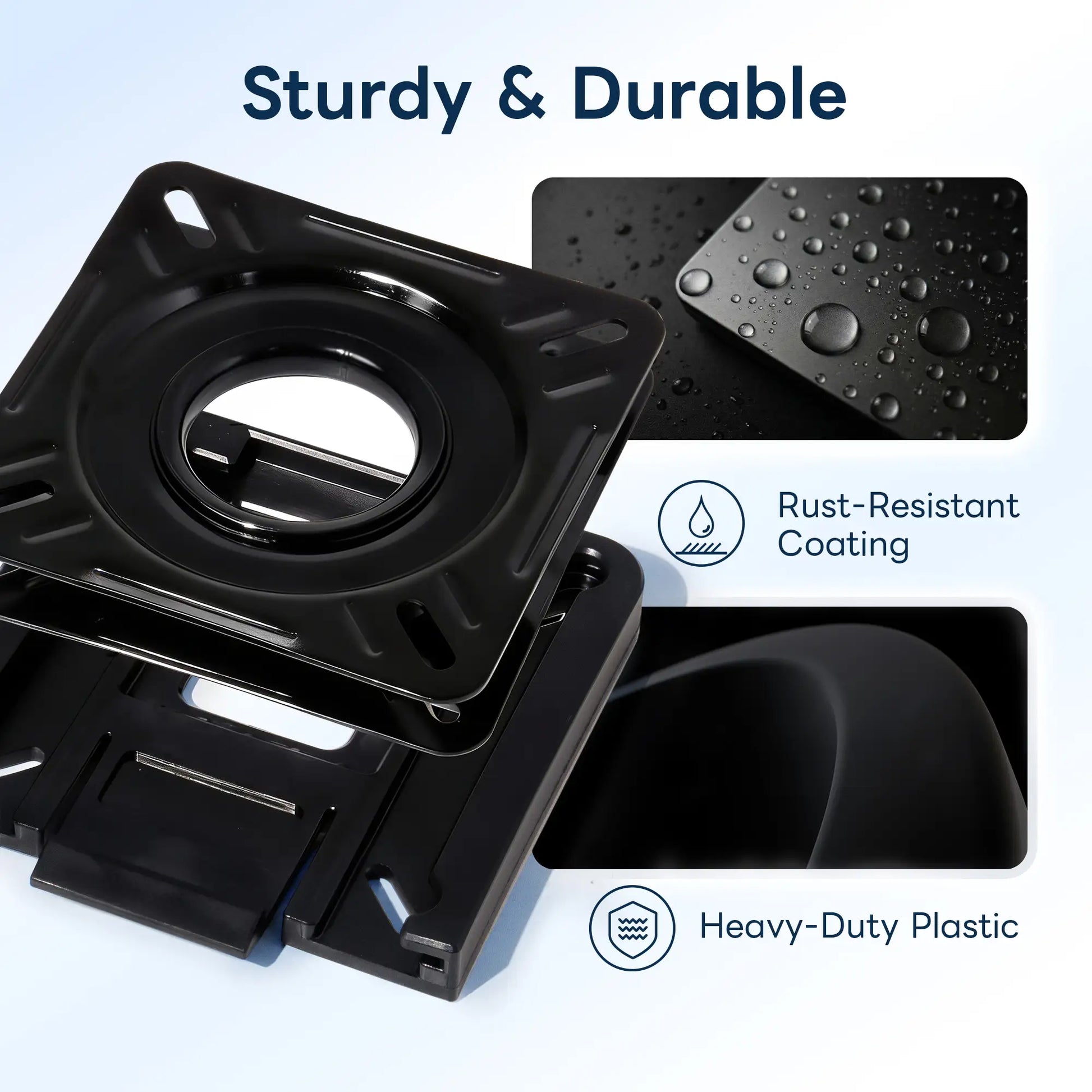 Marinexplore quick disconnect seat mount and swivel plate detail showing rust-resistant coating with water beading and heavy-duty plastic construction for marine use.