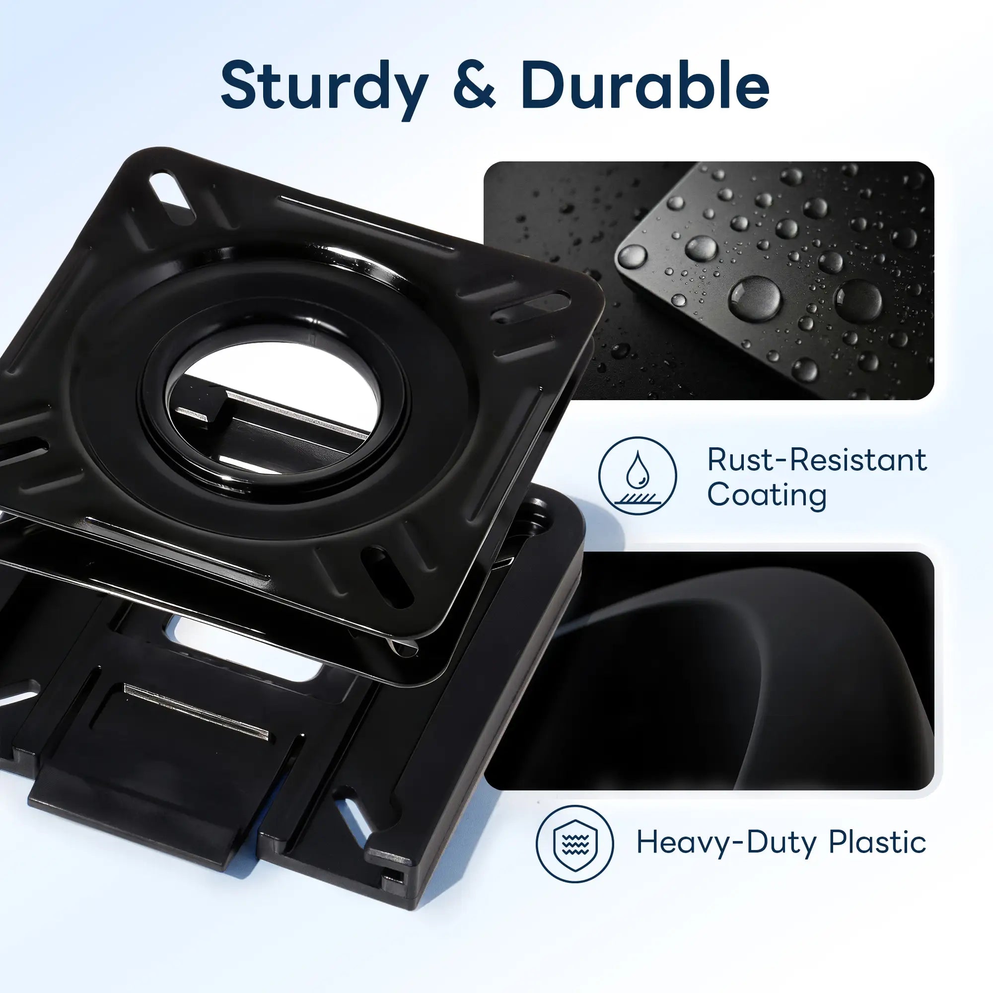 Marinexplore quick disconnect seat mount and swivel plate detail showing rust-resistant coating with water beading and heavy-duty plastic construction for marine use.