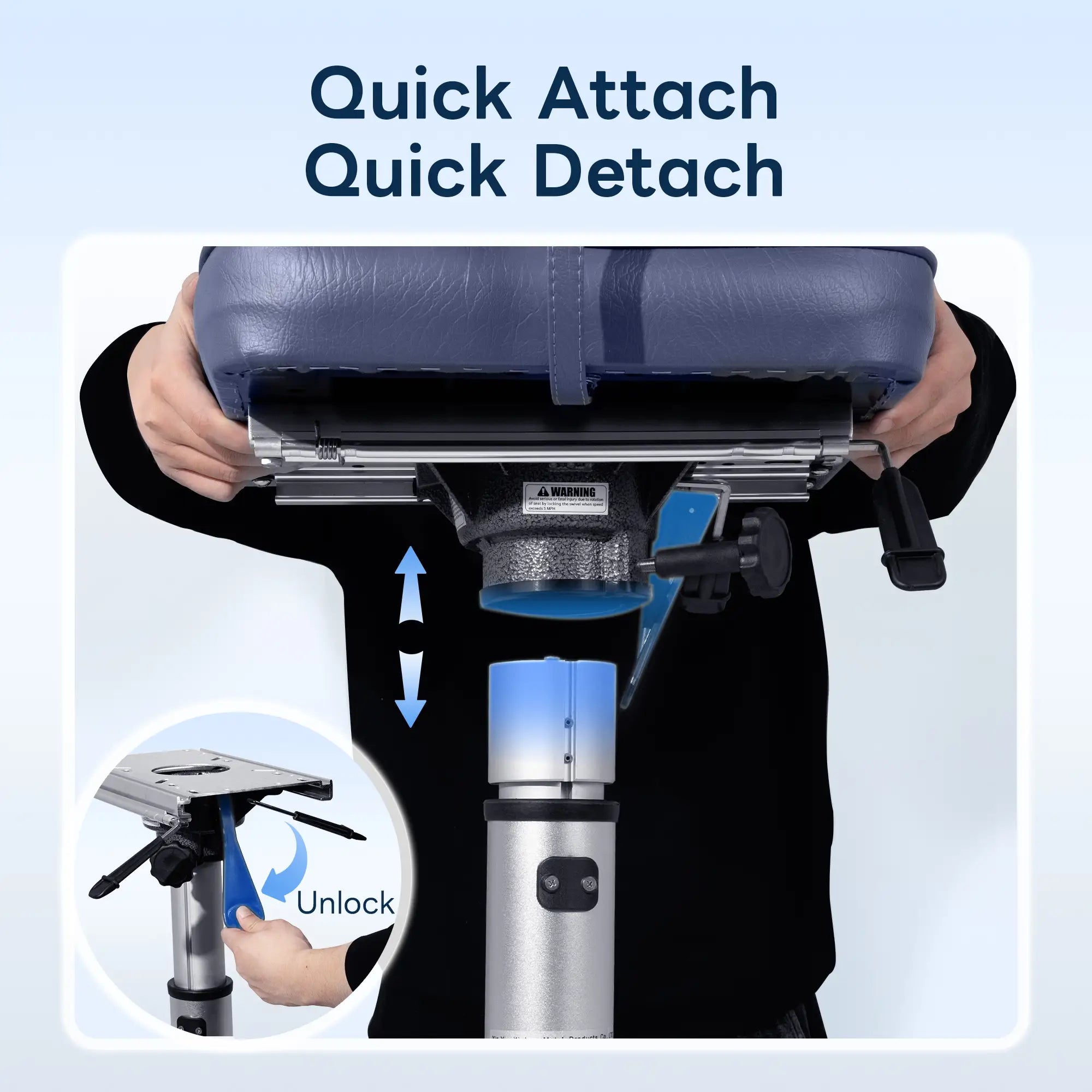 Hands releasing the upper slide track from the main vertical column using the quick attach and detach unlock mechanism lever.
