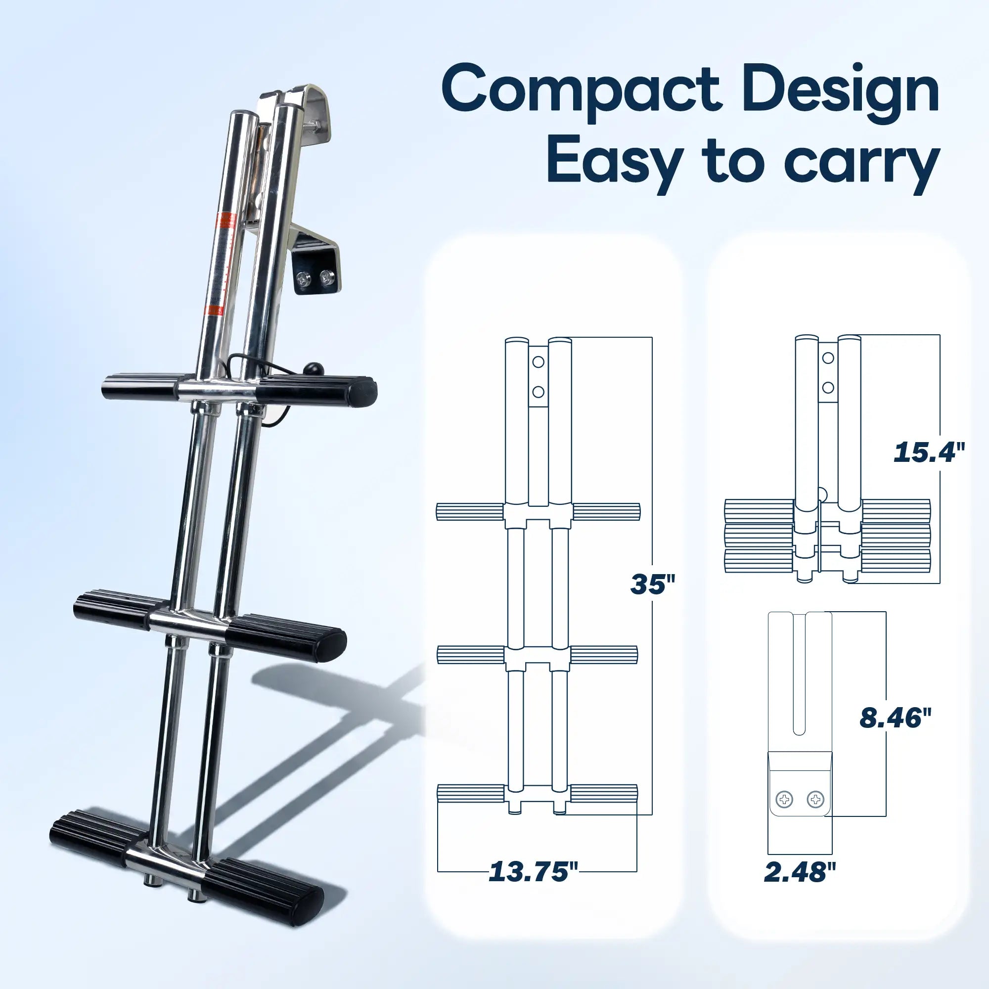 Marinexplore 3-step removable boat ladder size diagram showing 35-inch extended height, 13.75-inch width, 15.4-inch collapsed height, and quick-release hook bracket measuring 8.46 by 2.48 inches, highlighting compact and easy-carry portable design.