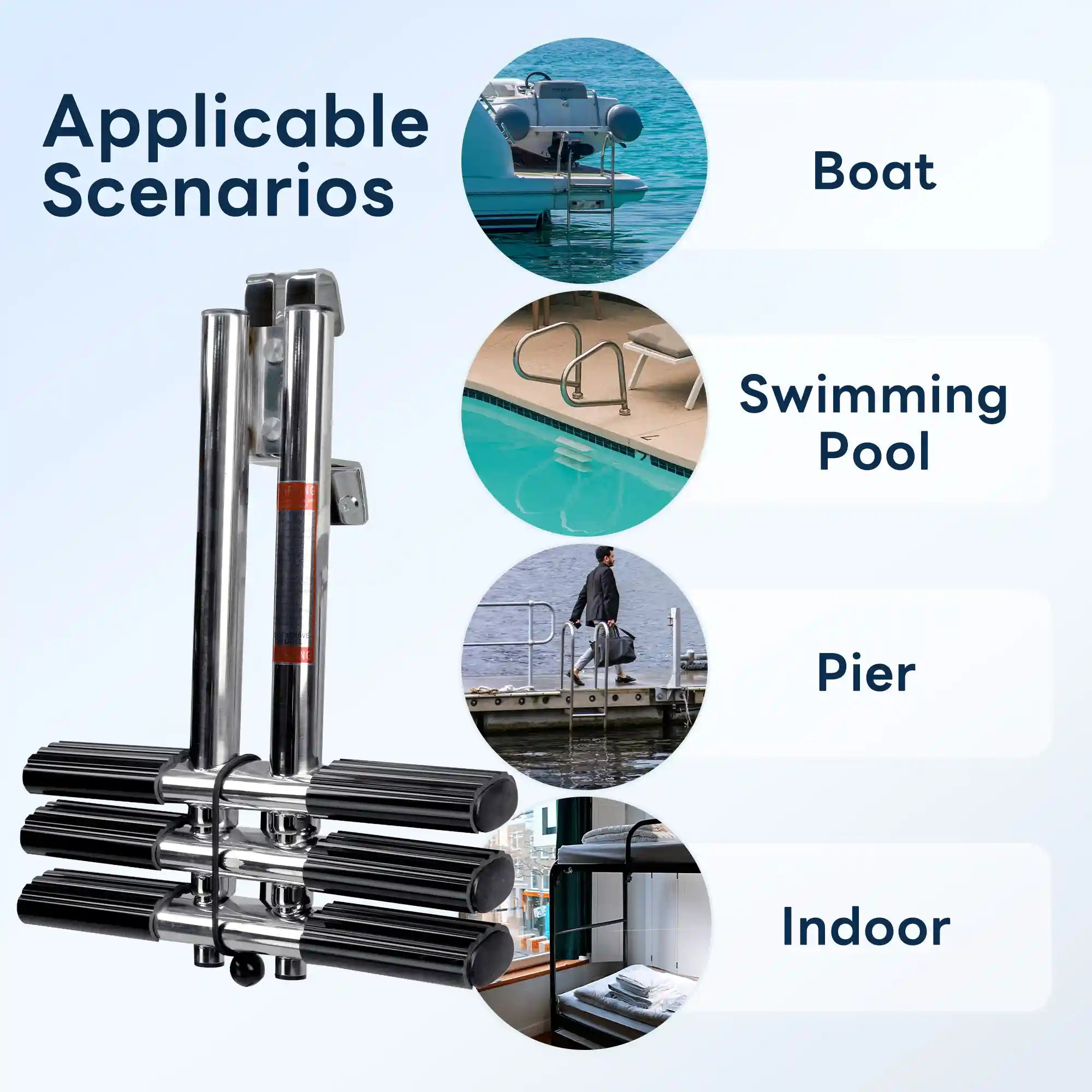 Marinexplore 3-step removable boat ladder use-case infographic showing four compatible environments: boat, swimming pool, pier, and indoor bunk bed, with product shown folded from overhead angle displaying the tool-free quick-release hook bracket on top.