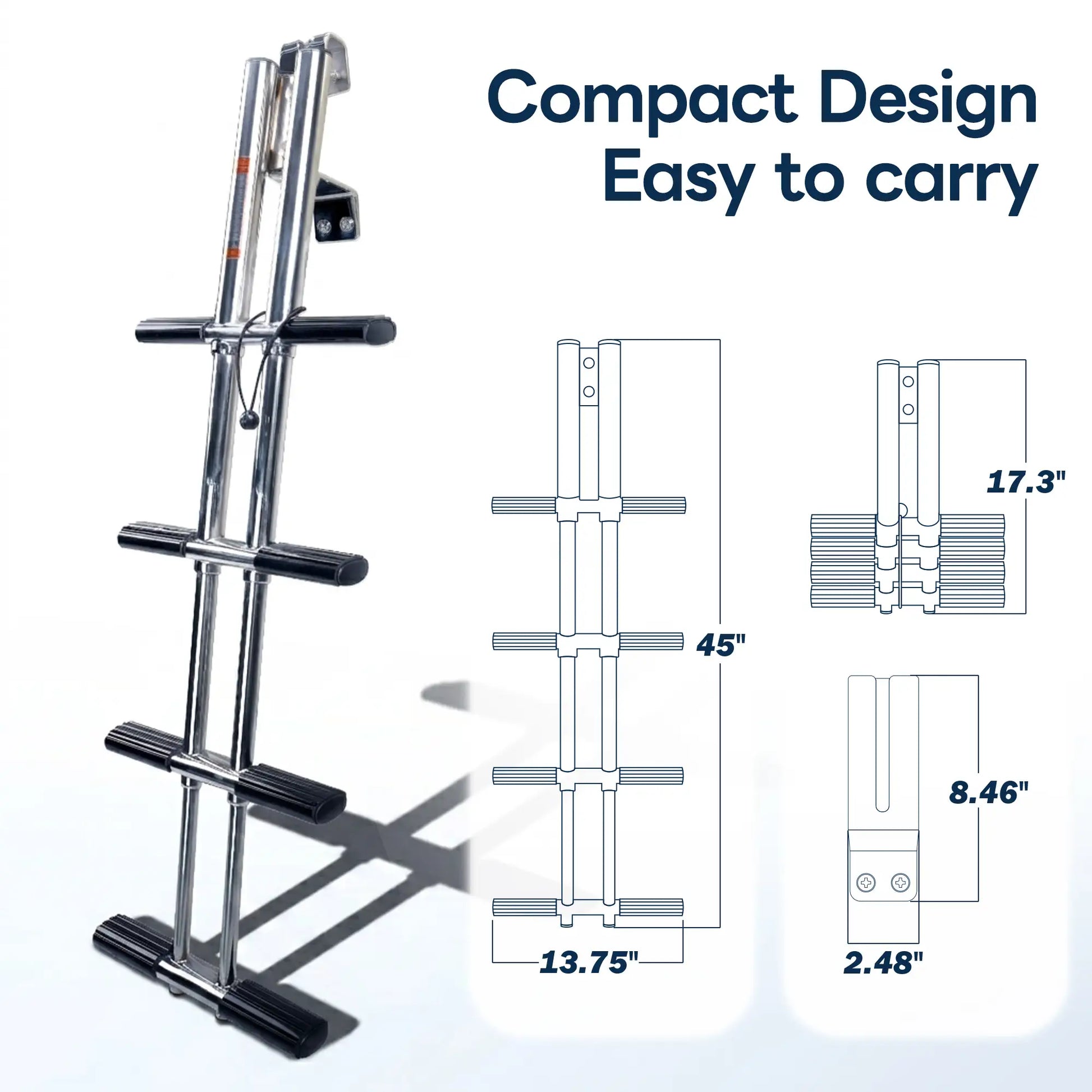 Marinexplore 4-step removable boat ladder technical size diagram showing 45-inch extended height, 13.75-inch width, 17.3-inch collapsed height, and quick-release bracket slot measuring 8.46 by 2.48 inches, with front and side views highlighting compact easy-carry design.