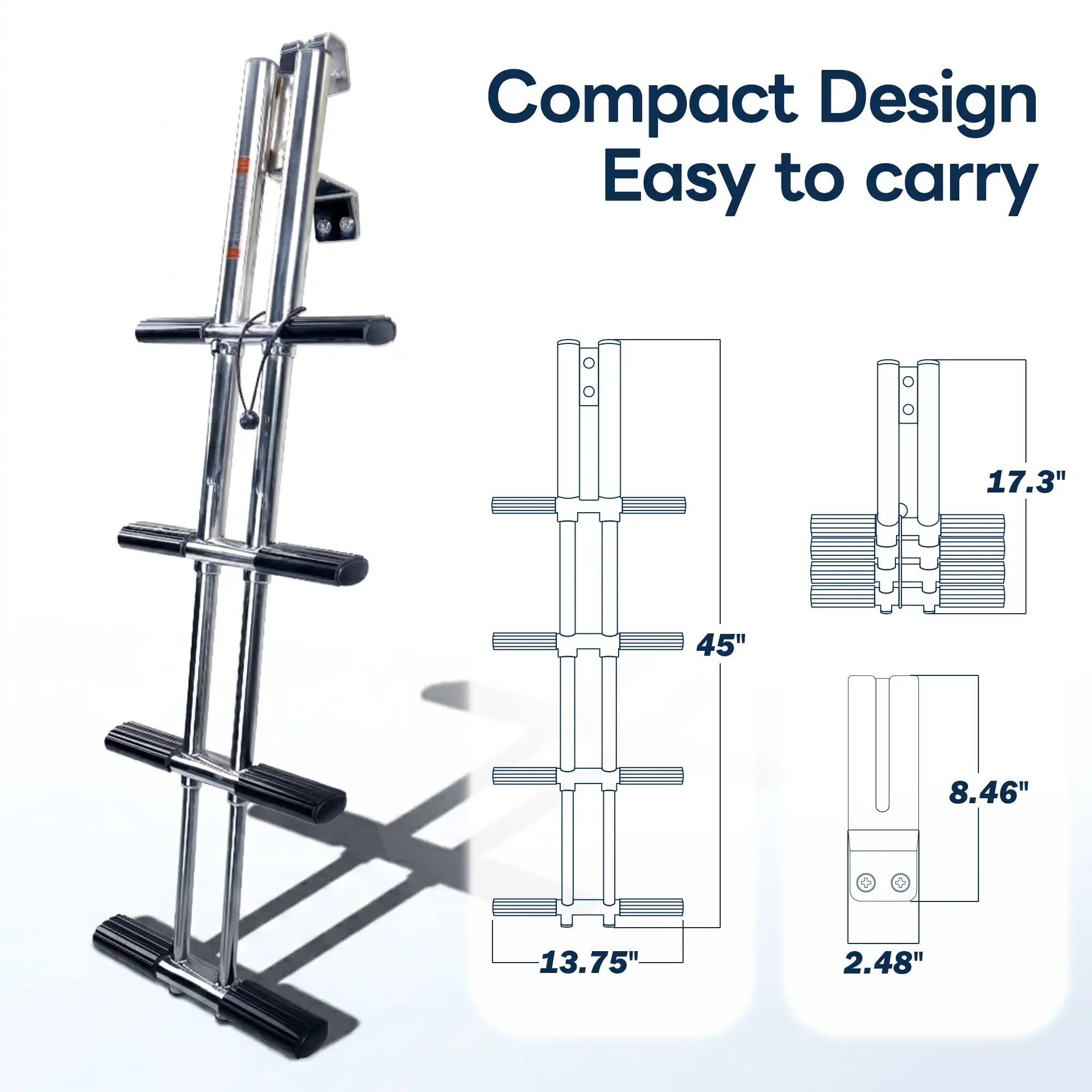 Marinexplore 4-step removable boat ladder technical size diagram showing 45-inch extended height, 13.75-inch width, 17.3-inch collapsed height, and quick-release bracket slot measuring 8.46 by 2.48 inches, with front and side views highlighting compact easy-carry design.