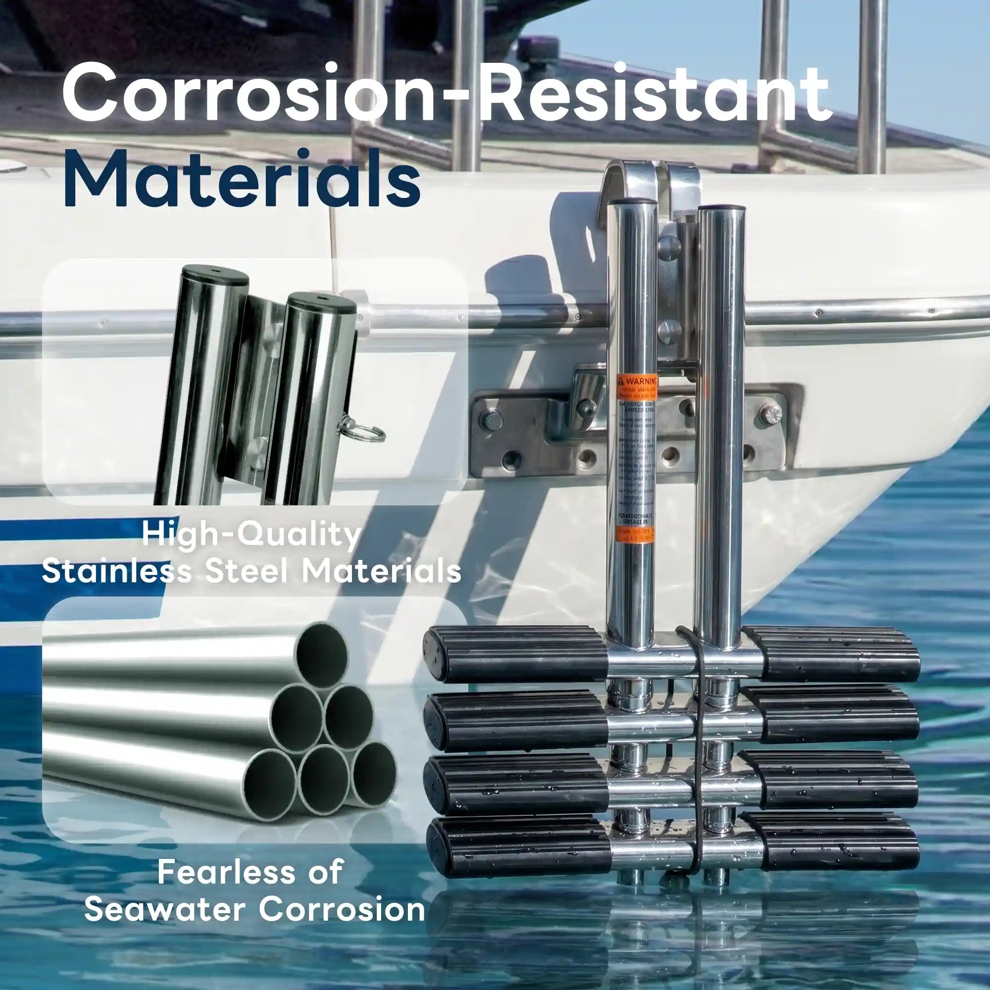 Marinexplore 4-step removable boat ladder with quick-release hook bracket hooked over real boat gunwale at dock, showing all four oval treads extended into water, with inset images of polished and raw stainless steel tubes demonstrating seawater corrosion-resistant marine-grade construction.