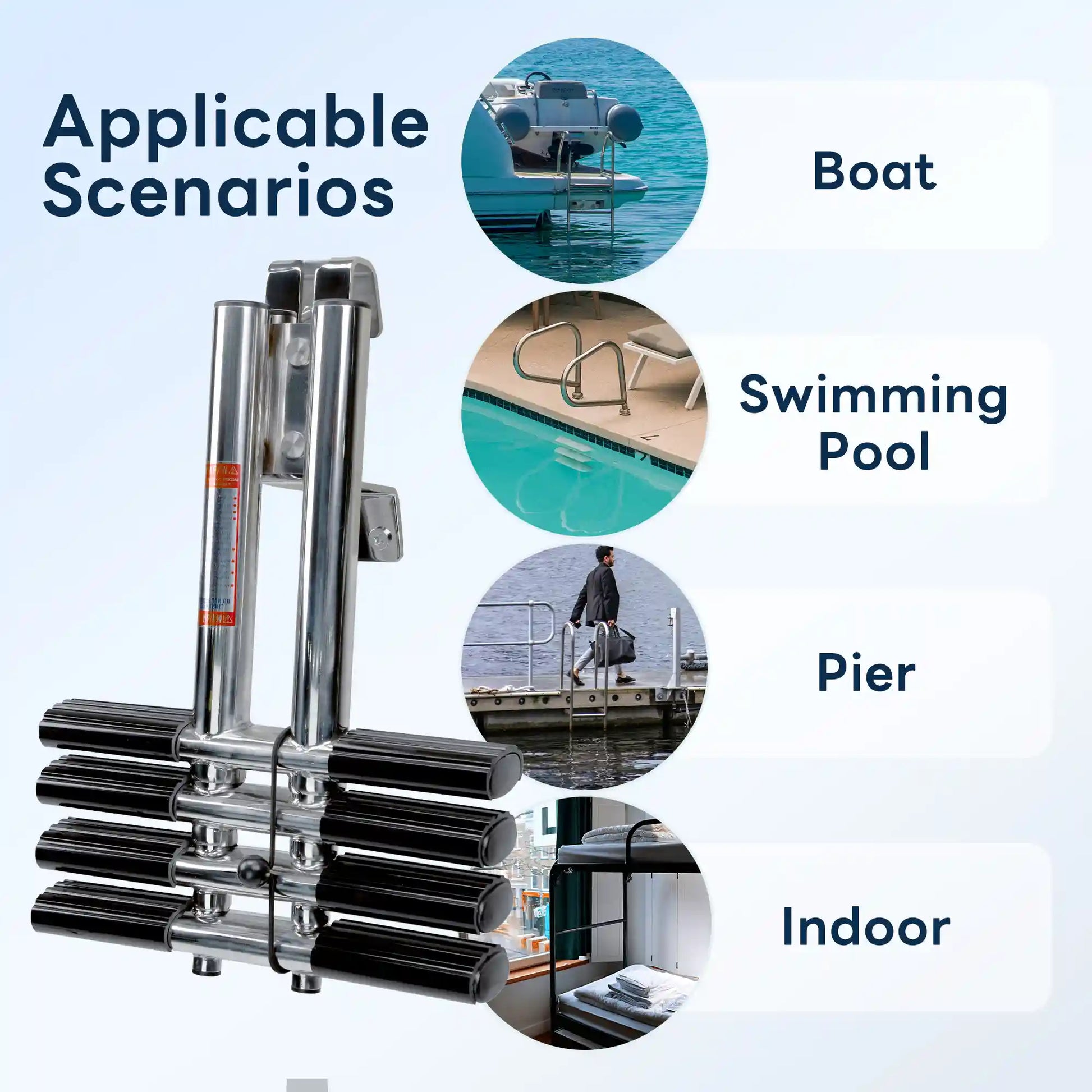 Marinexplore 4-step removable boat ladder use-scenario infographic showing compatibility with boat transom, swimming pool, pier dock, and indoor bunk bed, with folded 4-step product displayed from angled view showing quick-release hook bracket and compact collapsed form.