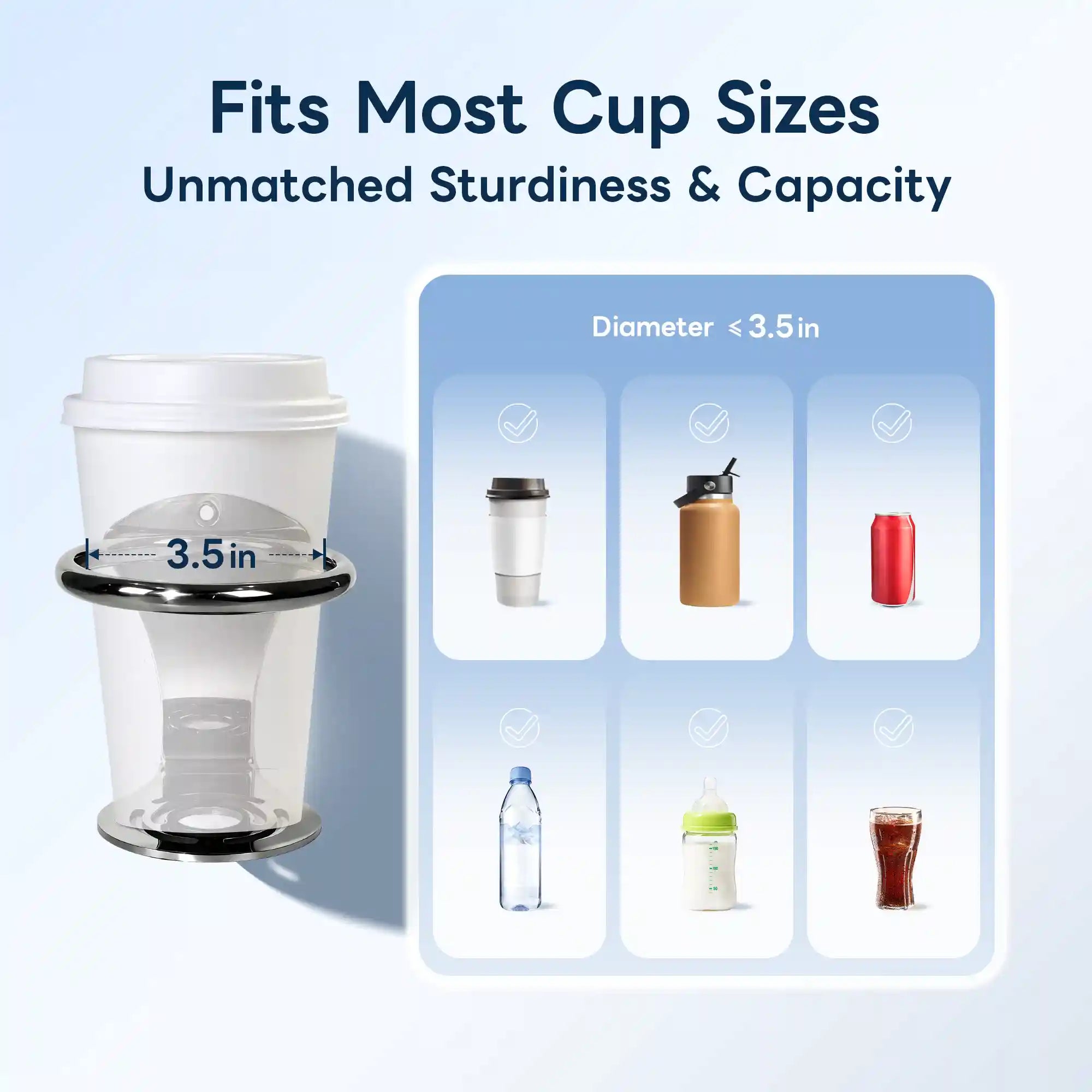 Marinexplore chrome ring boat cup holder securing a white coffee cup with a 3.5-inch inner diameter measurement labeled, alongside a compatibility grid showing six drink types it accepts: coffee cups, insulated tumblers, red soda cans, plastic water bottles, baby bottles, and cola glasses, all up to 3.5 inches in diameter.