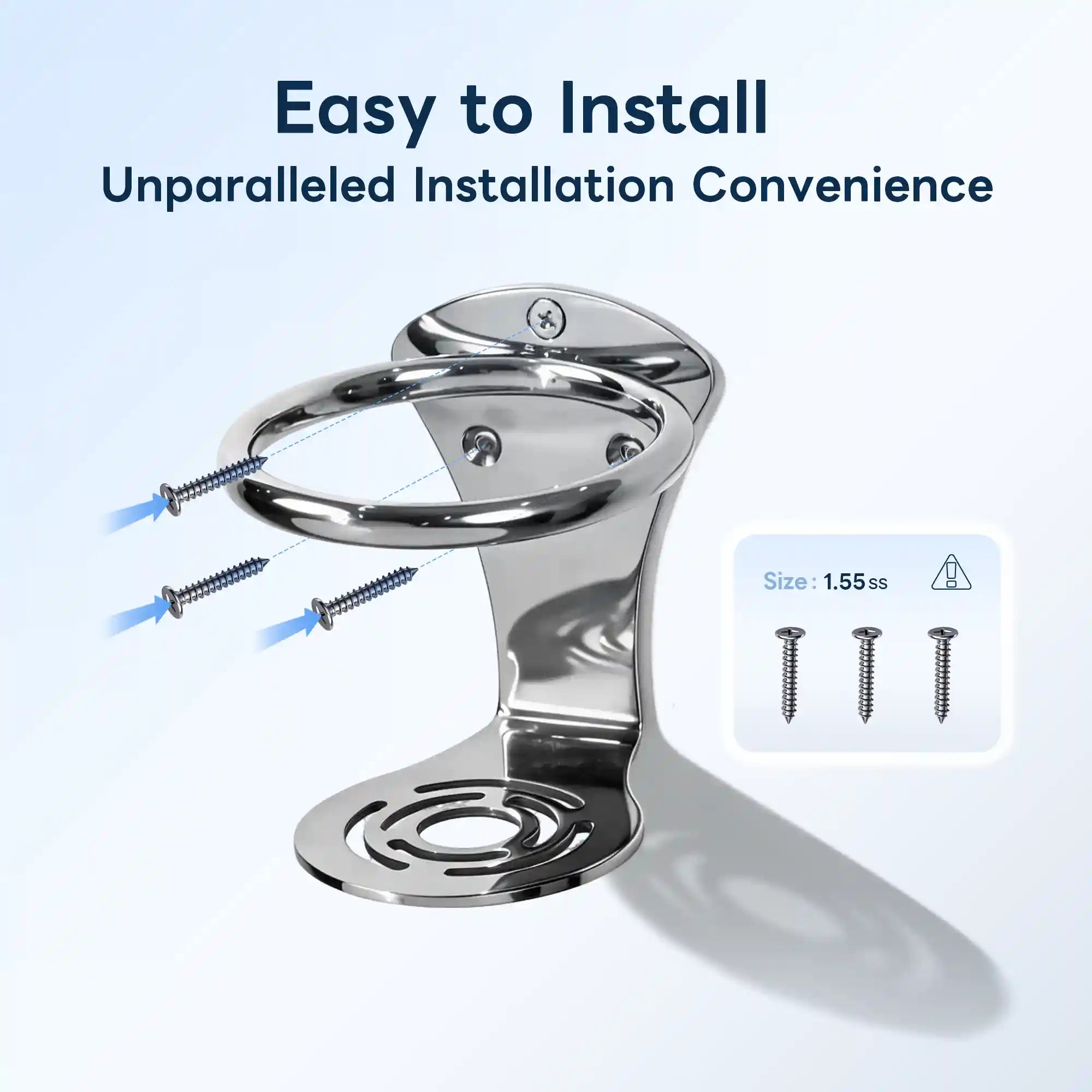 Marinexplore chrome stainless steel ring boat cup holder at a diagonal angle with three blue arrow indicators pointing to the pre-drilled mounting screw positions on the top ring bracket and base plate, alongside an inset card showing three included 1.55ss stainless self-tapping screws for quick and secure installation.