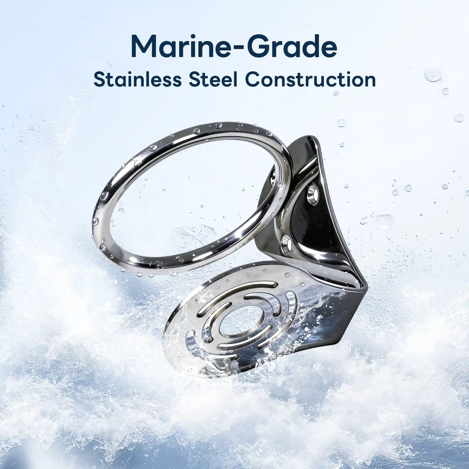 Marinexplore chrome marine-grade stainless steel ring boat cup holder shown inverted and suspended above crashing white ocean waves, with the perforated circular base plate facing upward and water droplets clinging to the polished surface, demonstrating its rust-proof and corrosion-resistant build.