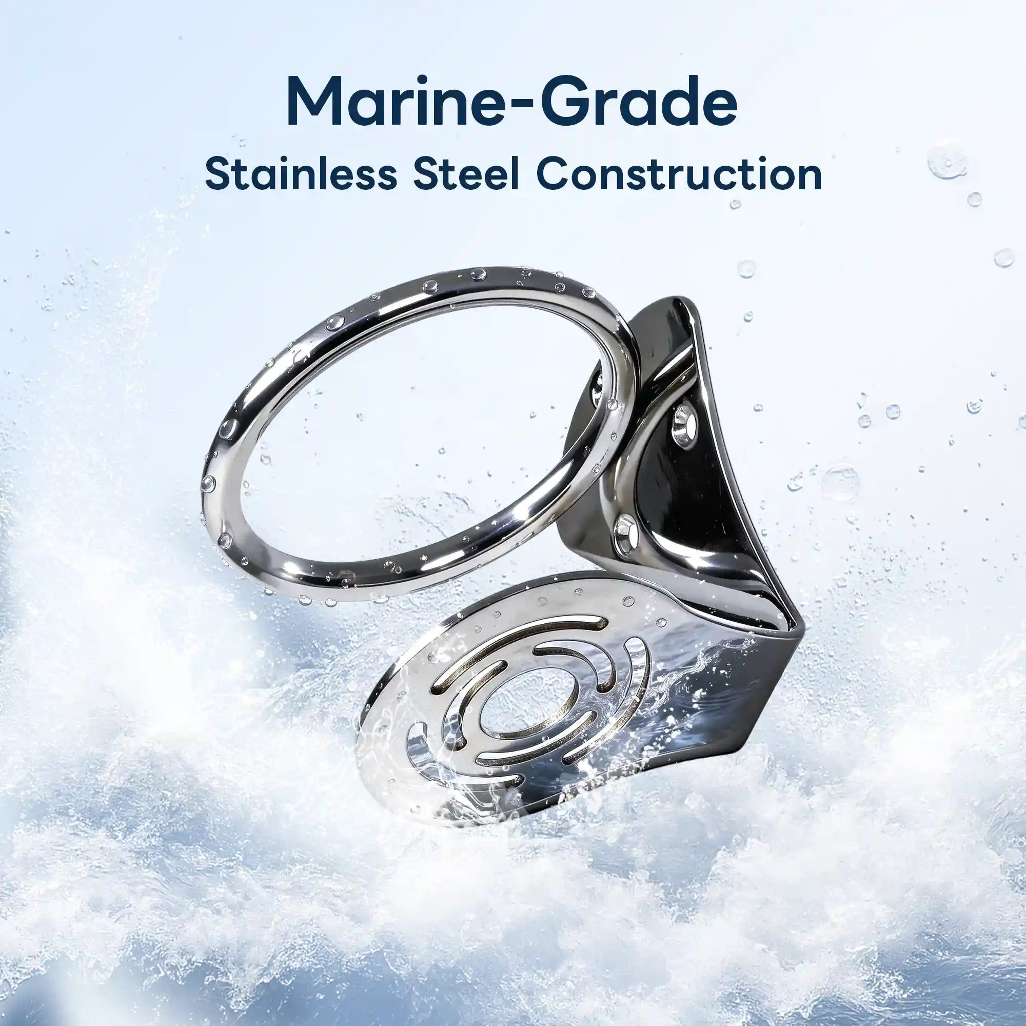 Marinexplore chrome marine-grade stainless steel ring boat cup holder shown inverted and suspended above crashing white ocean waves, with the perforated circular base plate facing upward and water droplets clinging to the polished surface, demonstrating its rust-proof and corrosion-resistant build.