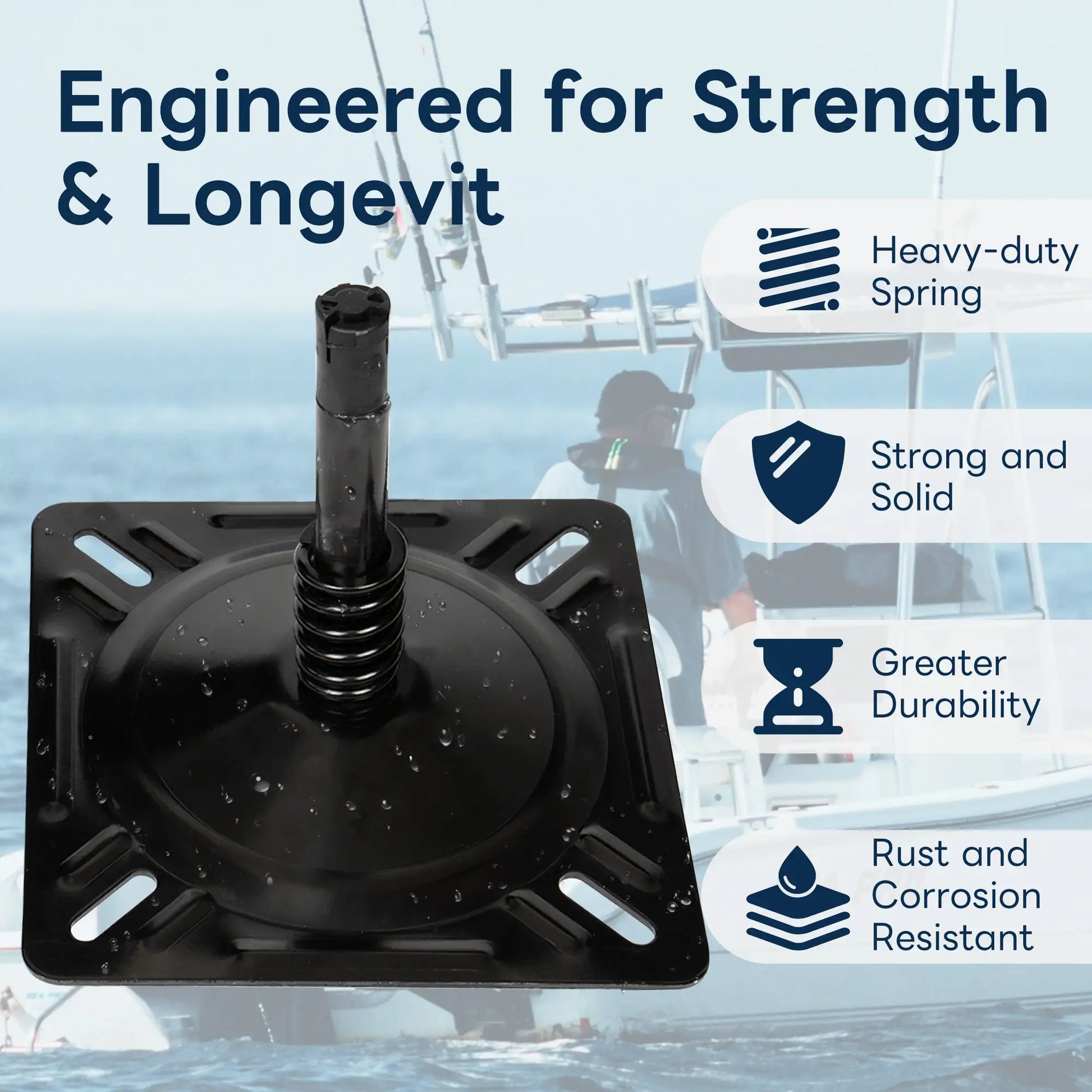 The Marinexplore black coated boat seat mount covered in water droplets to demonstrate its rust and corrosion resistant properties on a saltwater fishing boat.