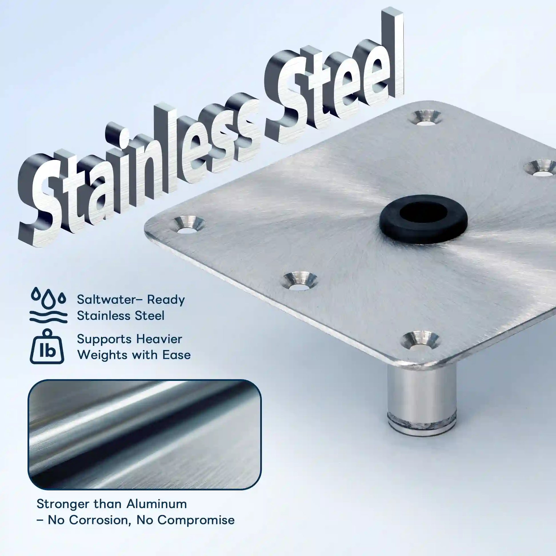 Corrosion resistant marinexplore stainless steel boat seat mount plate featuring a rust-proof finish that outperforms aluminum bases under heavy loads in saltwater conditions.