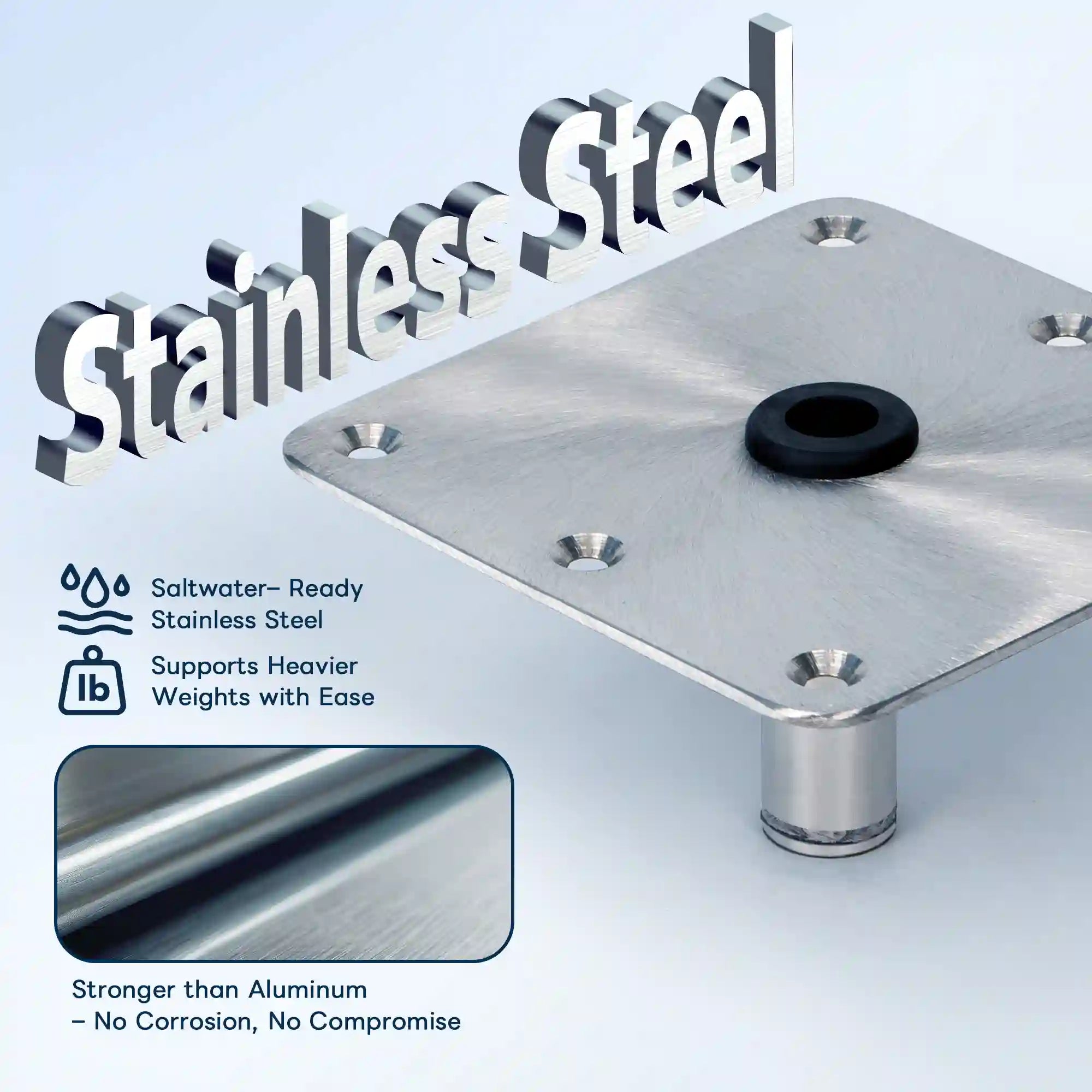 Corrosion resistant marinexplore stainless steel boat seat mount plate featuring a rust-proof finish that outperforms aluminum bases under heavy loads in saltwater conditions.