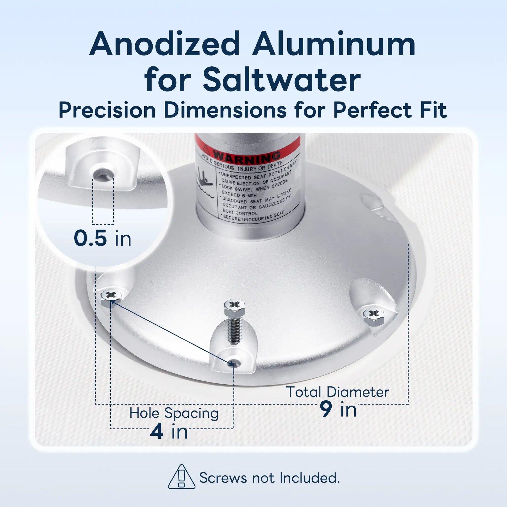 Marinexplore anodized aluminum 9 inch circular base, highlighting a 4 inch hole spacing and 0.5 inch bolt holes for saltwater environments.