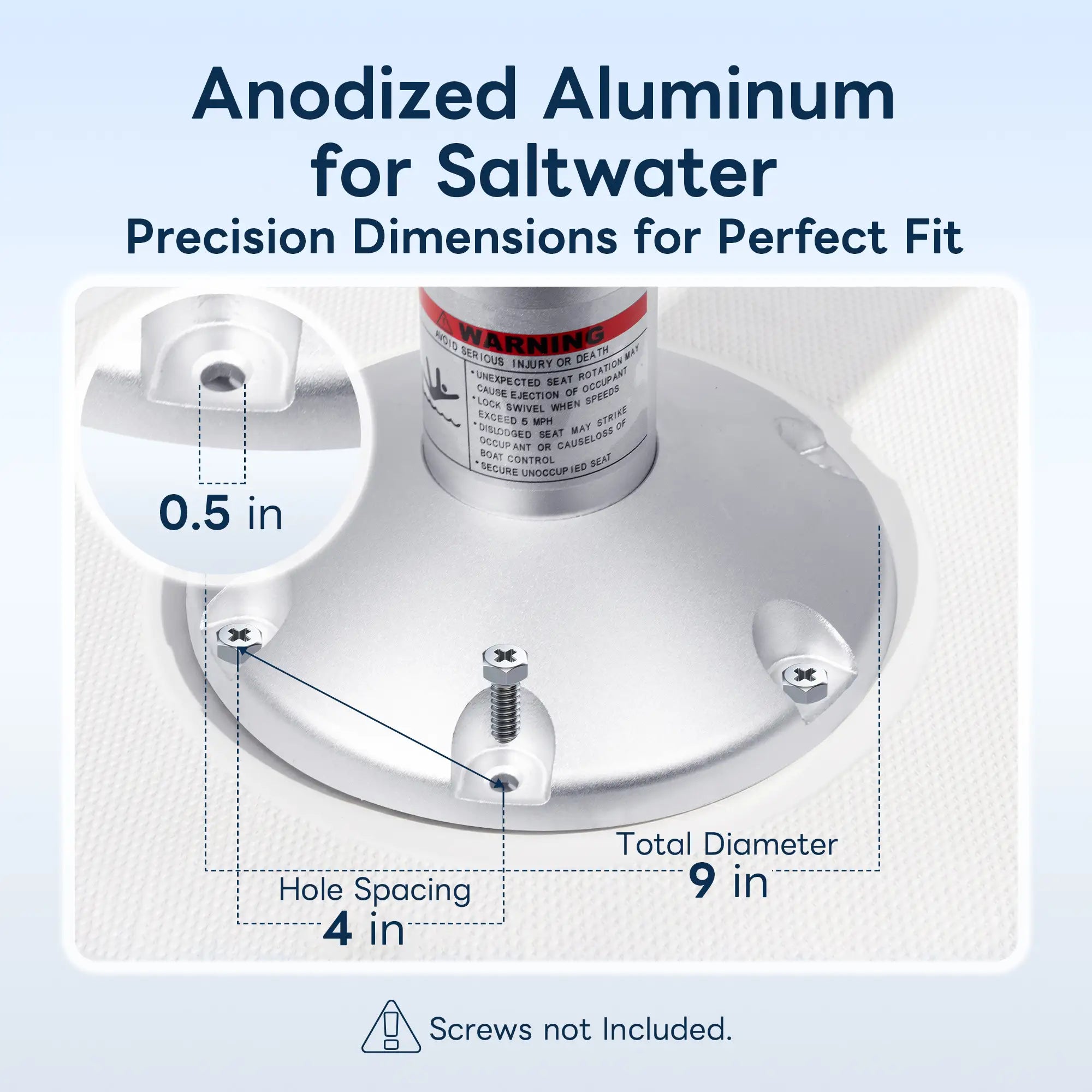 Marinexplore anodized aluminum 9 inch circular base, highlighting a 4 inch hole spacing and 0.5 inch bolt holes for saltwater environments.