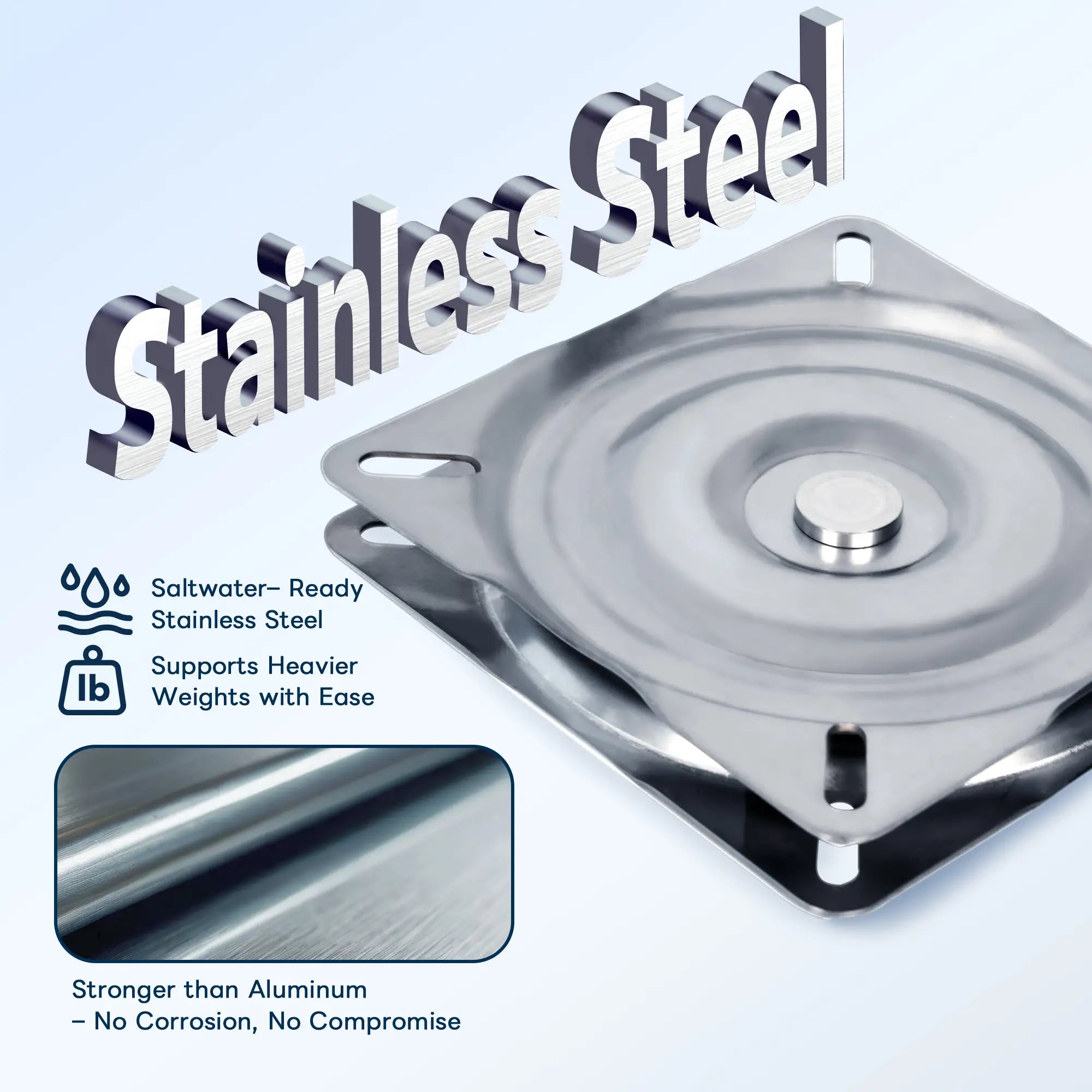 Rust free marinexplore stainless steel boat seat swivel designed for saltwater use featuring corrosion resistance and heavy load capacity compared to aluminum bases.