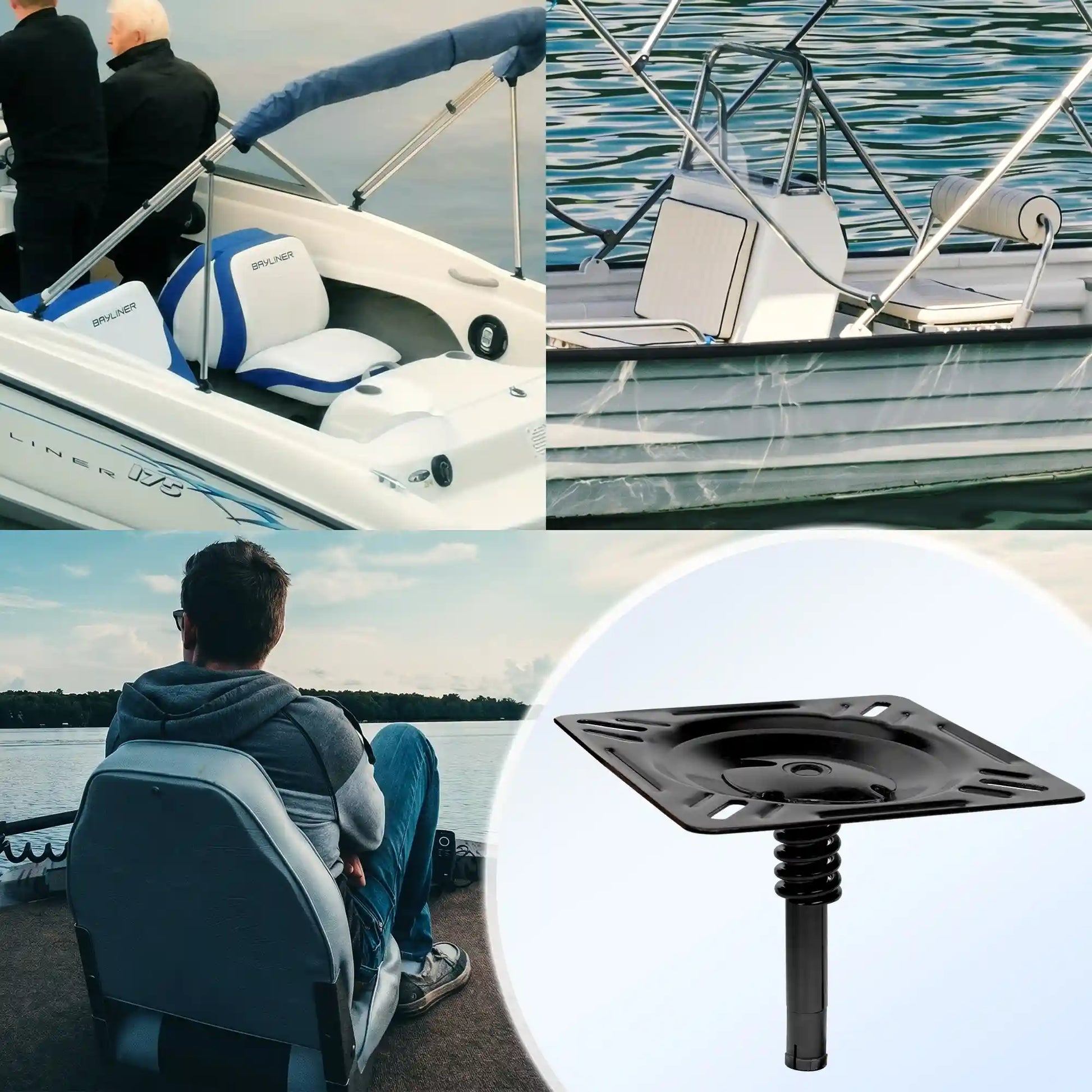 Lifestyle product grid featuring the Marinexplore shock-absorbing boat seat swivel mount used across various recreational and passenger boats on the open water.