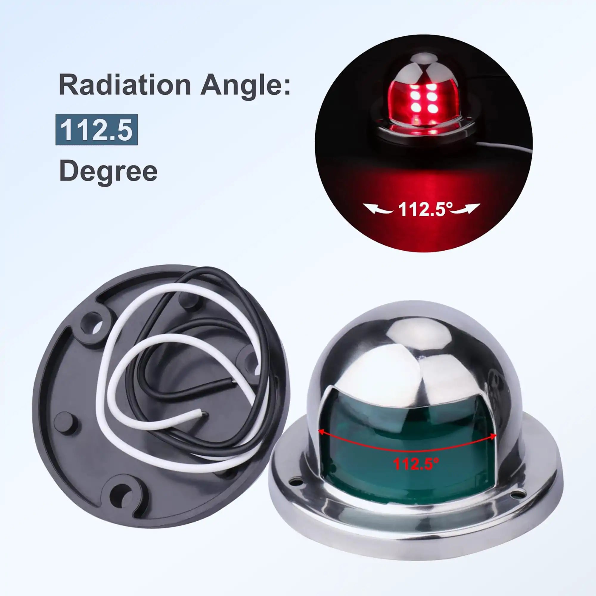Diagram illustrating the 112.5-degree radiation angle of a Marinexplore boat bow light, with a top circular inset showing the red LED beam spread measured with directional arrows, a bottom-left view of the black mounting base with coiled white and black wiring through the screw holes, and a bottom-right view of the chrome housing with a green lens marked with the same 112.5-degree beam width measurement in red.