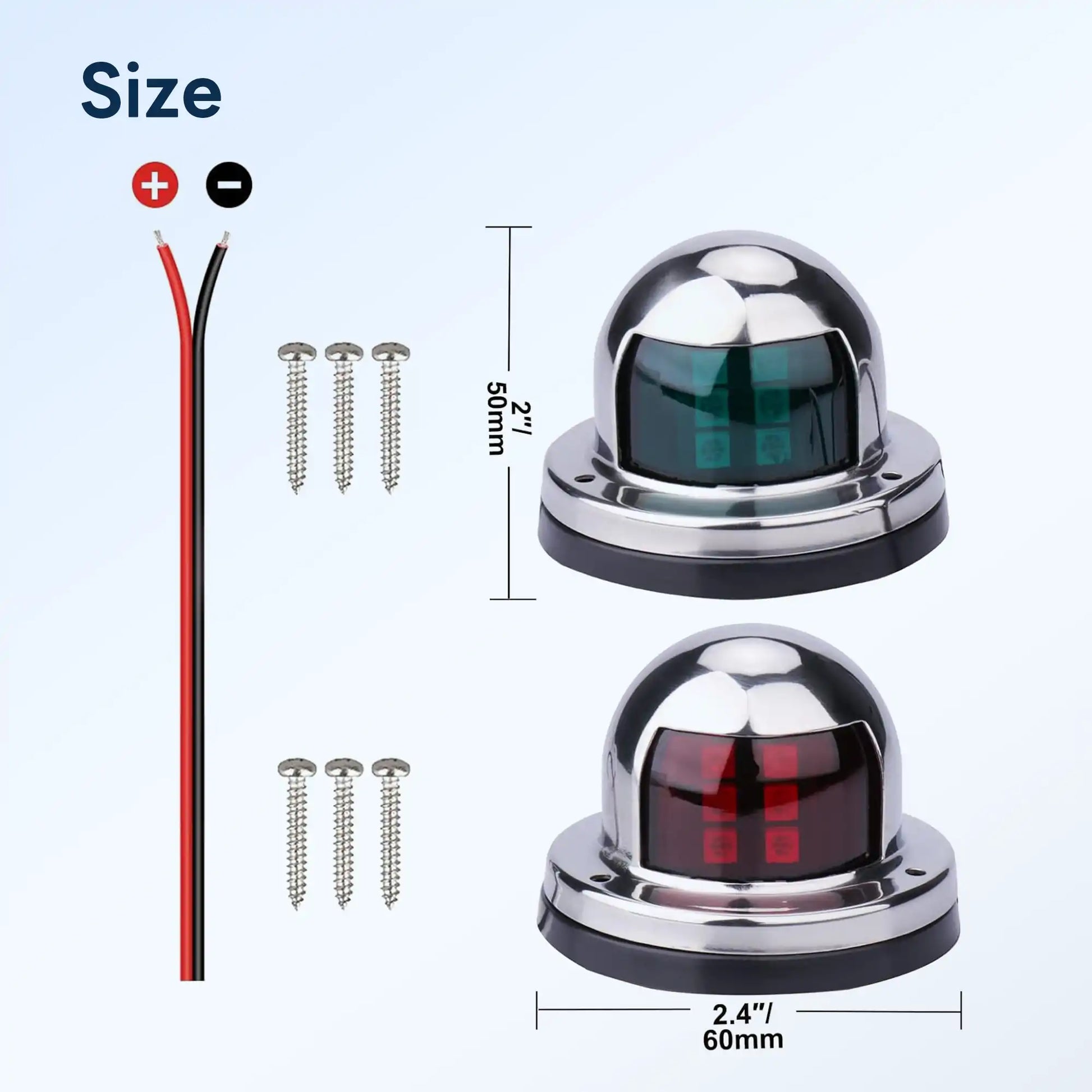 Marinexplore boat bow light size specification chart showing red positive and black negative wire leads on the left, two sets of three stainless steel mounting screws in the middle, and the chrome dome fixture on the right measuring 2 inches (50mm) in height and 2.4 inches (60mm) in base width, with top-down views of the green starboard lens and red port lens shown separately.