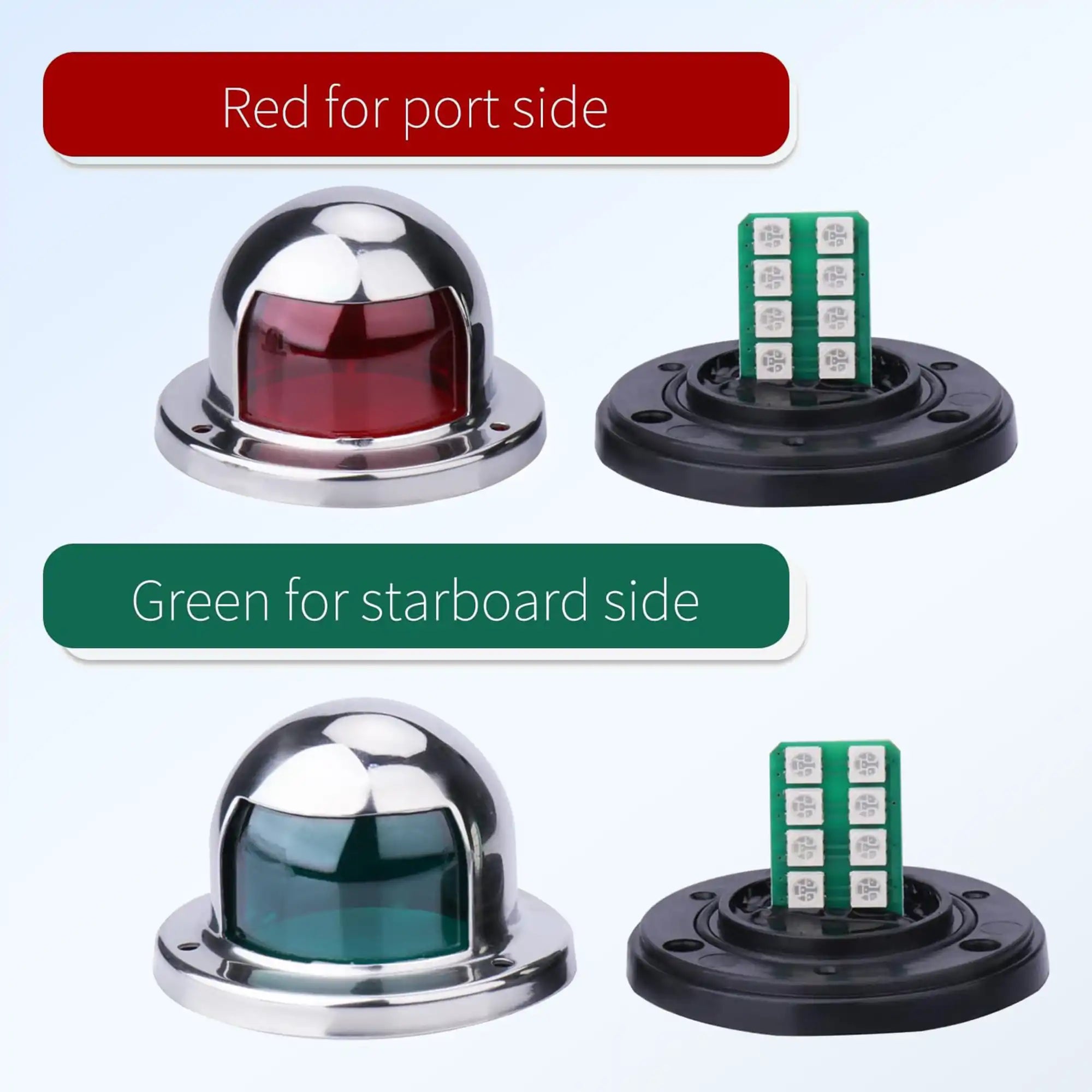 Side-by-side comparison of Marinexplore stainless steel bow navigation lights labeled "Red for port side" and "Green for starboard side," each paired with its matching black mounting base and exposed green LED circuit board with eight surface-mounted diodes, showing the internal components used to produce the red and green lens colors.