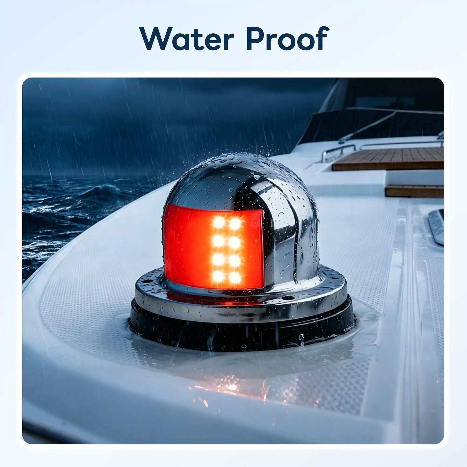 Close-up of a Marinexplore stainless steel bow navigation light mounted on a boat deck during heavy rain, water droplets beading across the polished dome surface while the red LED lens stays fully illuminated, with a stormy dark sea and wooden deck steps visible in the blurred background, illustrating the fixture's IP66 waterproof rating.