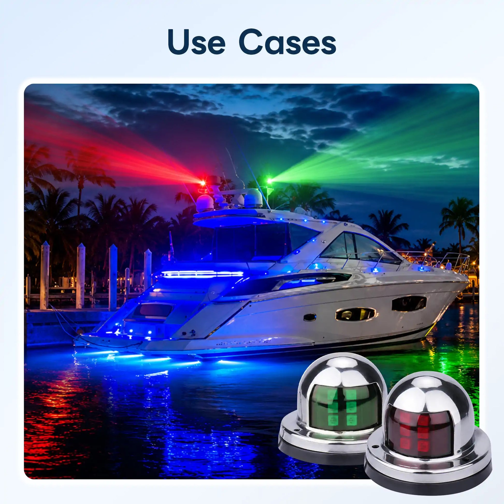 Nighttime marina scene showing a white yacht docked among palm trees with a red navigation beam projecting from the port bow light and a green beam from the starboard bow light, blue underwater and deck accent lighting reflecting off the dark water, with two Marinexplore stainless steel bow lights inset in the bottom right corner displaying their green and red lit lenses up close.