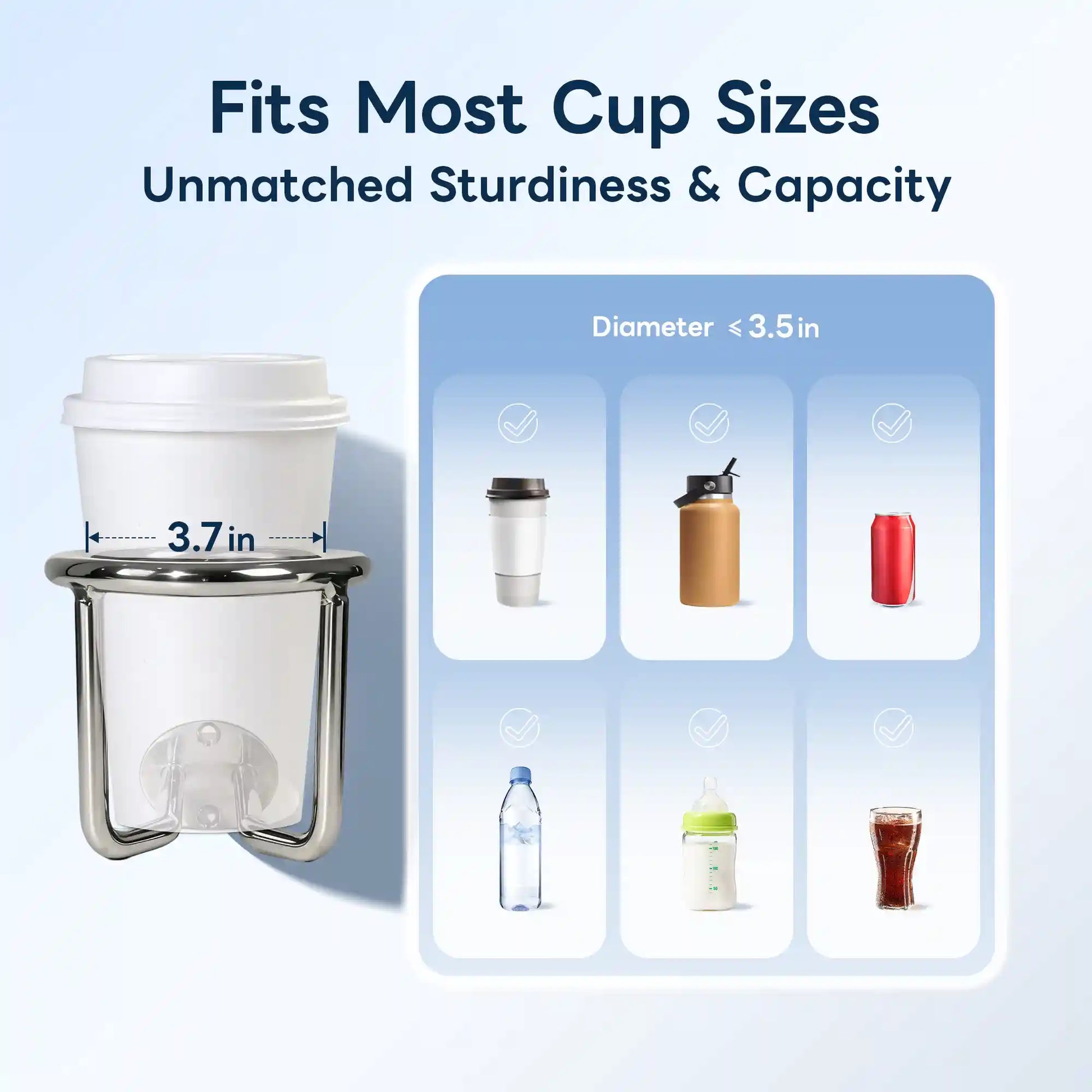 Marinexplore chrome stainless steel boat cup holder gripping a white coffee cup with 3.7-inch inner ring diameter labeled, next to a six-item compatibility grid confirming it accommodates coffee cups, insulated tumblers, red soda cans, plastic water bottles, baby bottles, and cola glasses up to 3.5 inches in diameter.