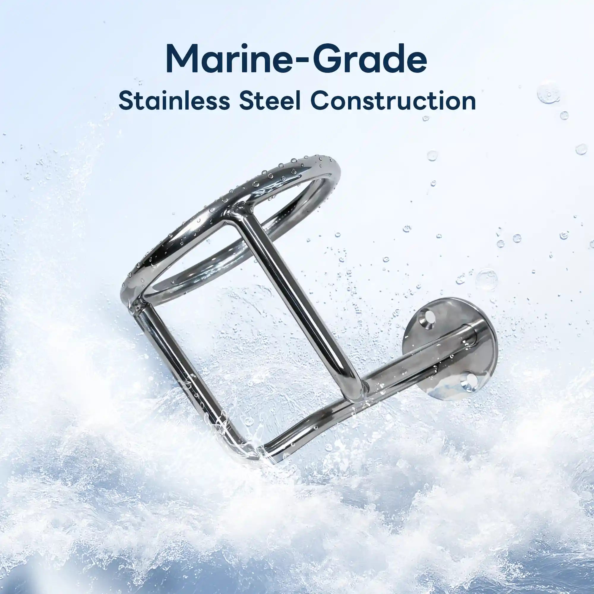 Marinexplore chrome marine-grade stainless steel boat cup holder suspended above crashing white ocean waves with water droplets visible on the ring and frame, demonstrating its corrosion-resistant and rust-proof construction for saltwater environments.