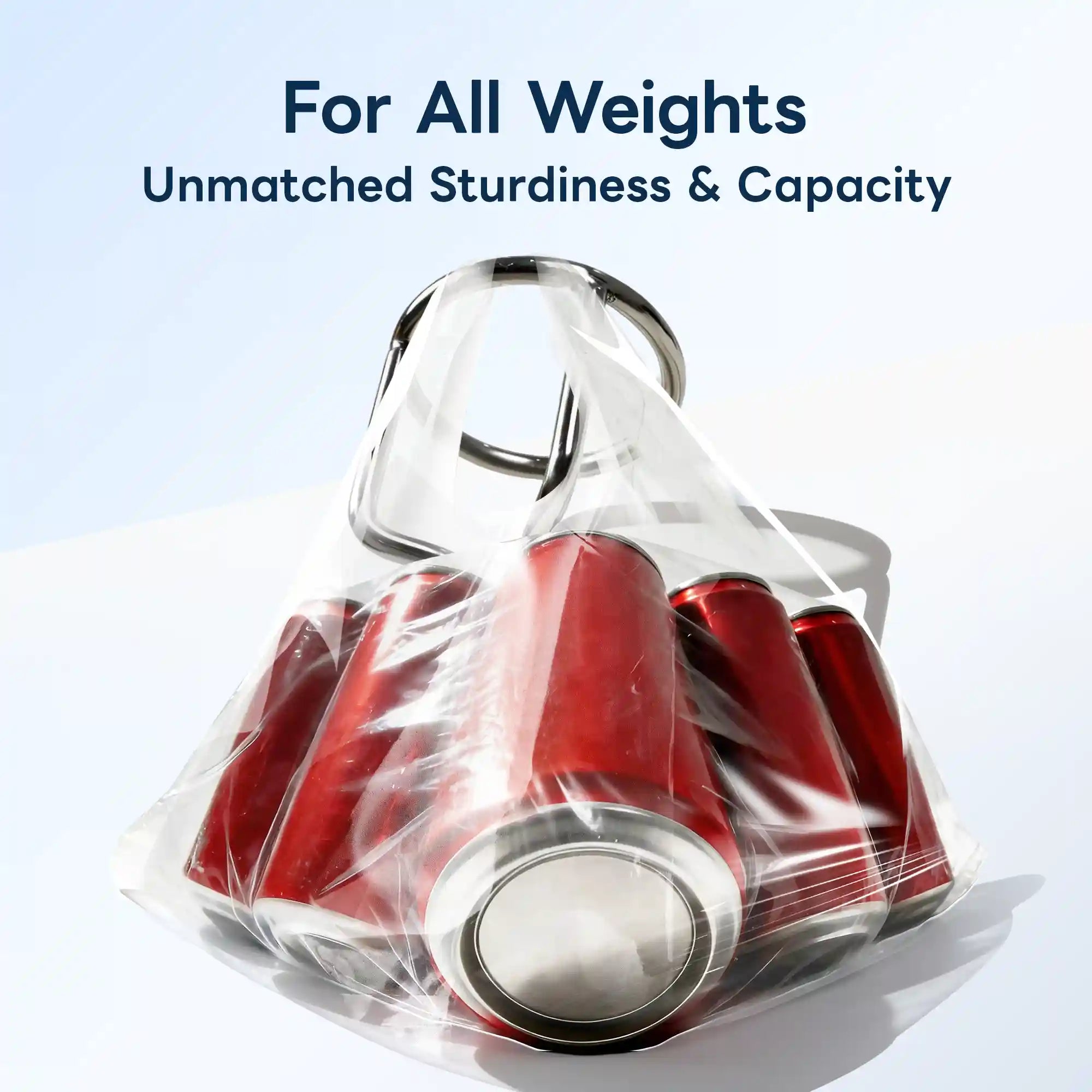 Marinexplore chrome stainless steel boat cup holder used as a handle to lift a clear plastic bag filled with multiple red soda cans, demonstrating the structural strength and load-bearing capacity of the ring and vertical support frame.