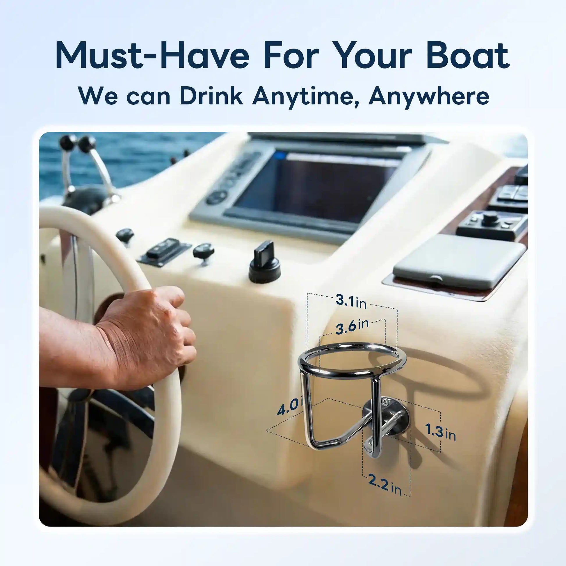 Marinexplore chrome stainless steel cup holder mounted on the side panel of a yacht helm console, with a hand gripping the steering wheel in the foreground and annotated dimensions showing 3.1-inch and 3.6-inch ring opening, 4.0-inch overall height, 1.3-inch mounting base width, and 2.2-inch frame depth.
