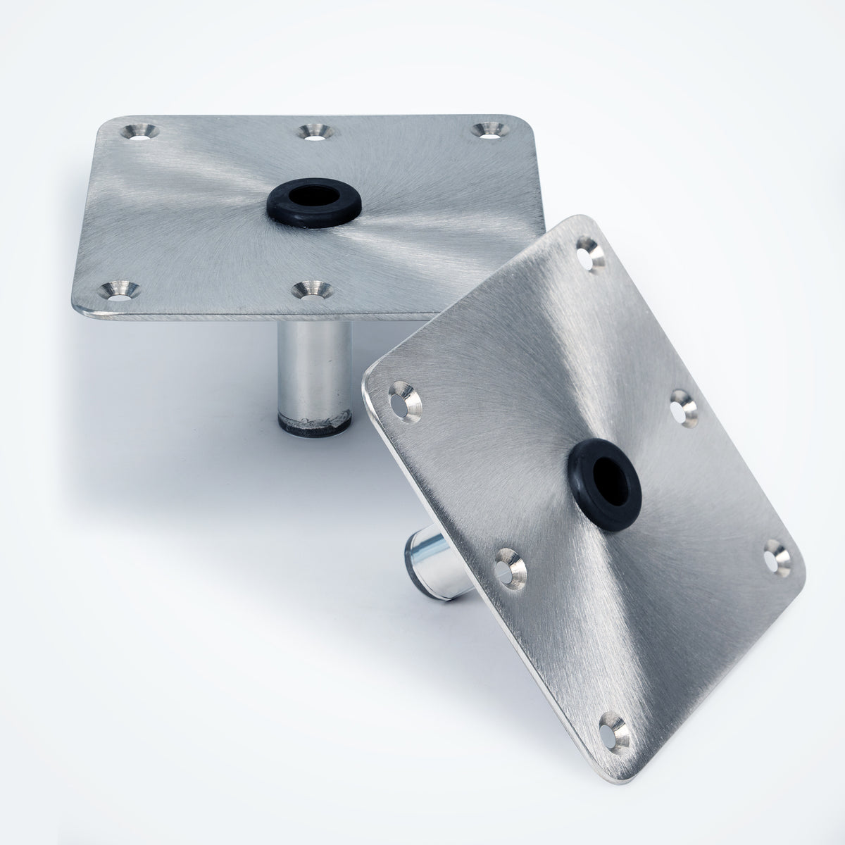 Two marinexplore stainless steel marine seat bases displayed together from top and side views to highlight the flat flush mount design and sturdy support post.