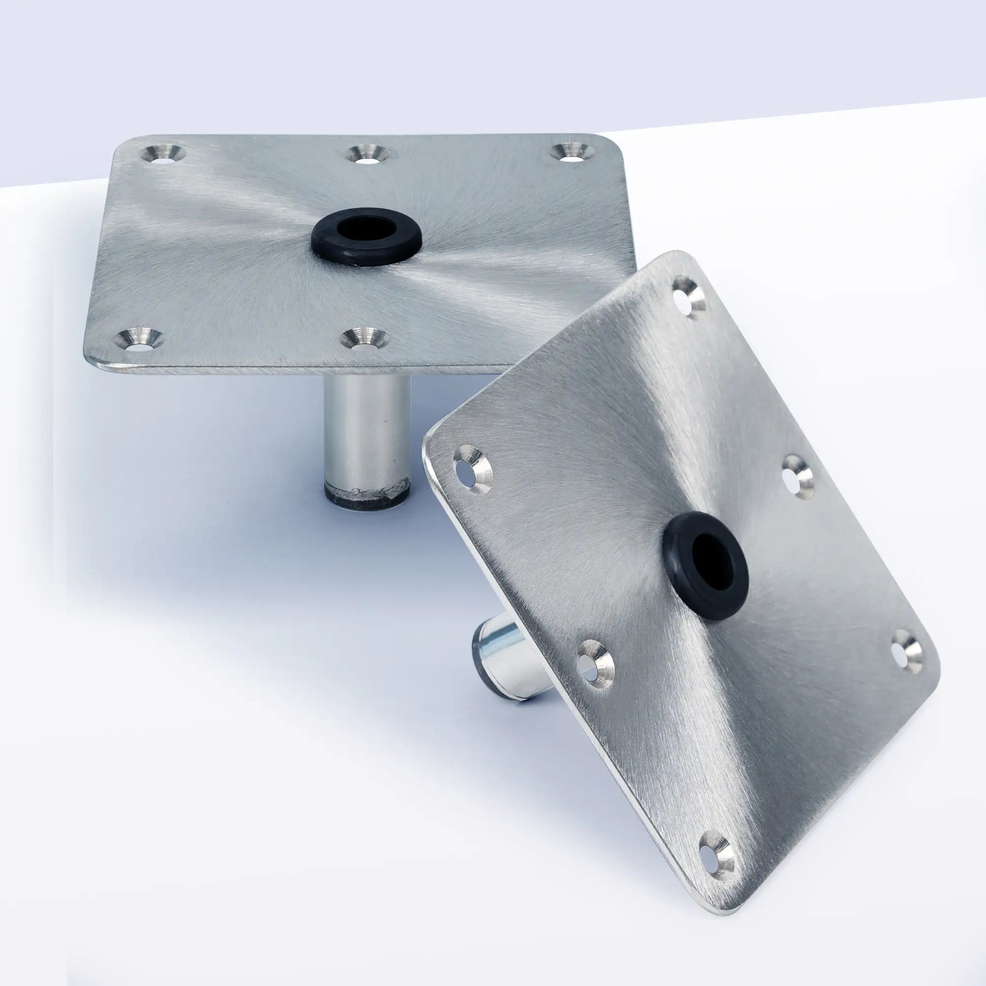 Two marinexplore stainless steel marine seat bases displayed together from top and side views to highlight the flat flush mount design and sturdy support post.