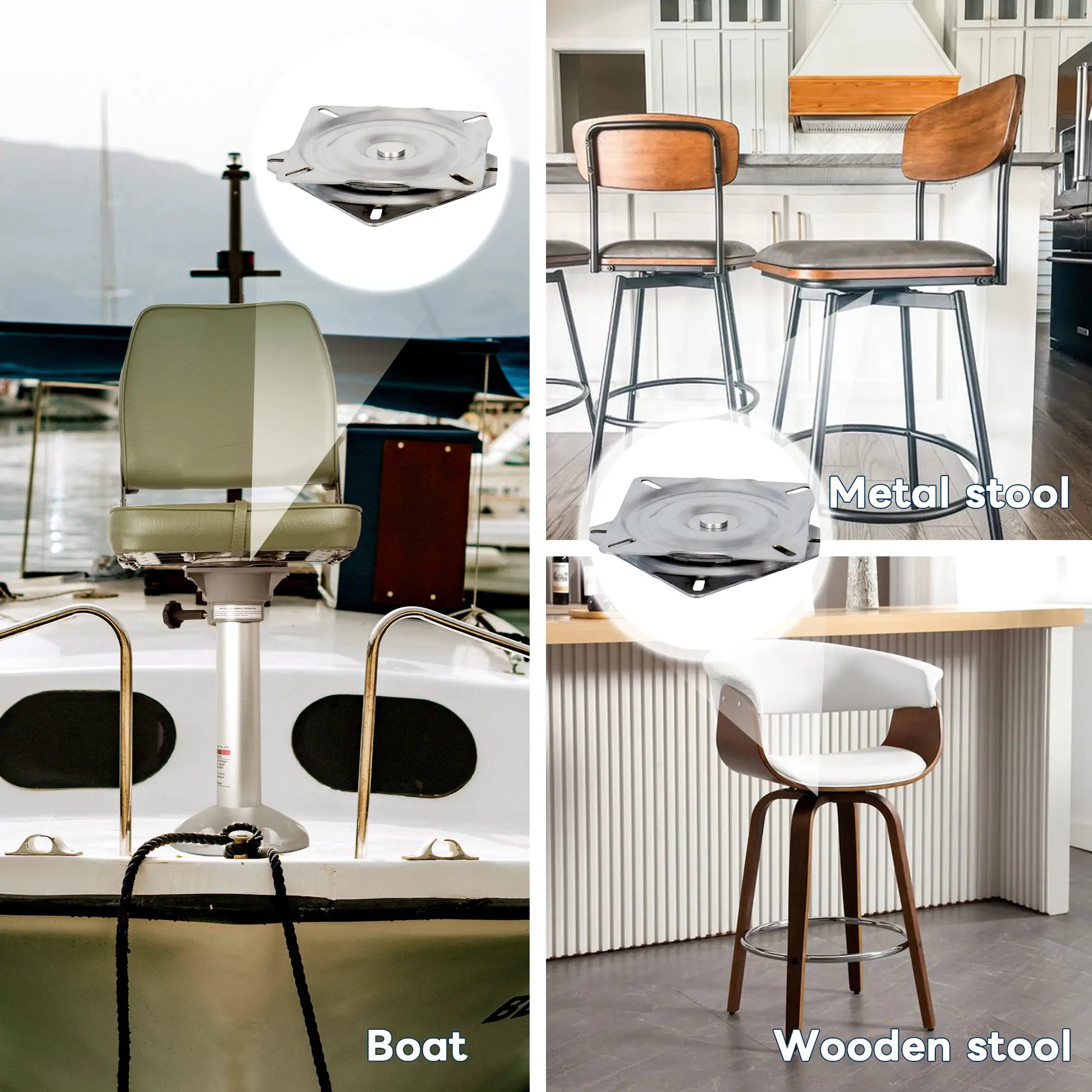 Versatile marinexplore stainless steel swivel plate utilized for a helm chair on a motorboat and modern wooden or metal bar stools in a kitchen.