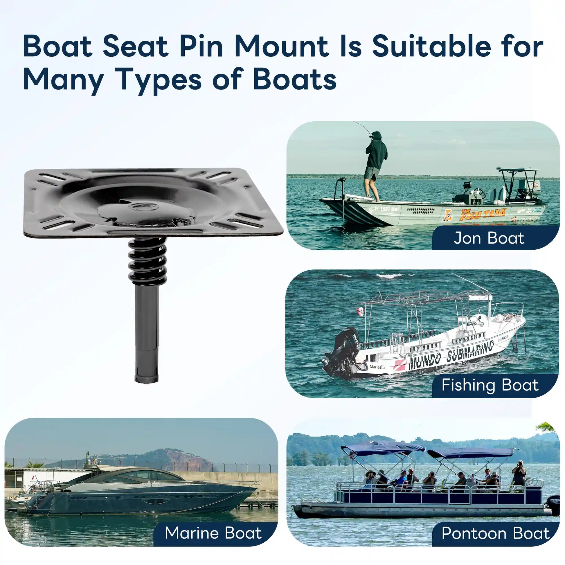 Compatibility graphics showing that the Marinexplore boat seat pin mount is suitable for jon boats, fishing boats, pontoons, and marine cruisers.