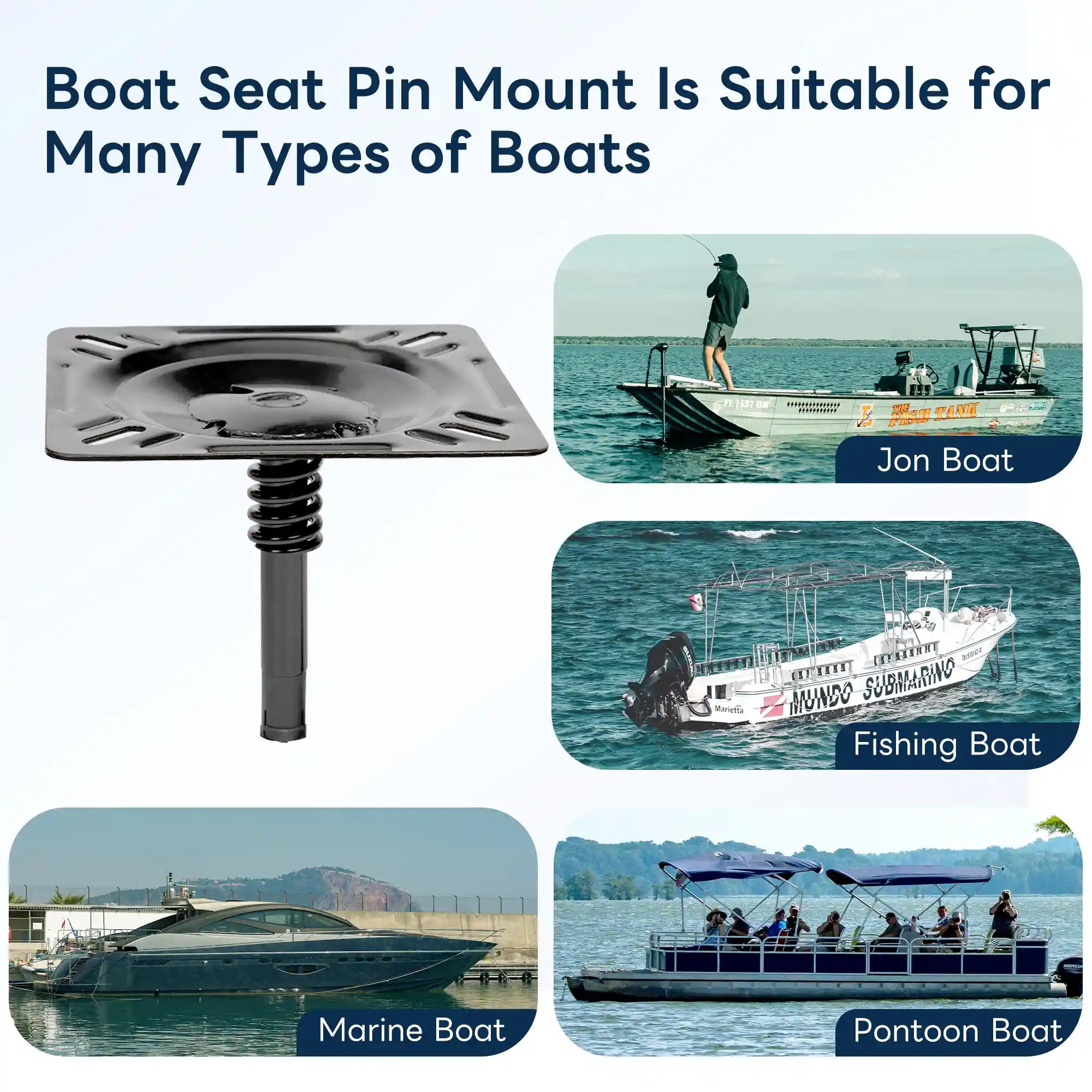Compatibility graphics showing that the Marinexplore boat seat pin mount is suitable for jon boats, fishing boats, pontoons, and marine cruisers.