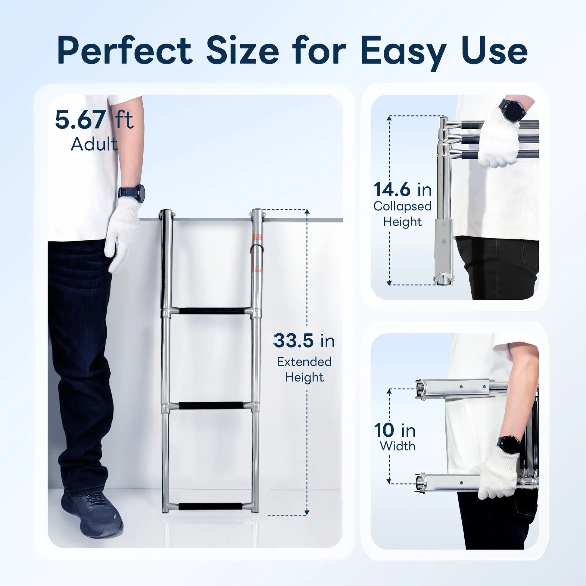Size chart for Marinexplore 3-step boat ladder showing 33.5 inches extended height, 14.6 inches collapsed height, and 10 inches width next to an adult.