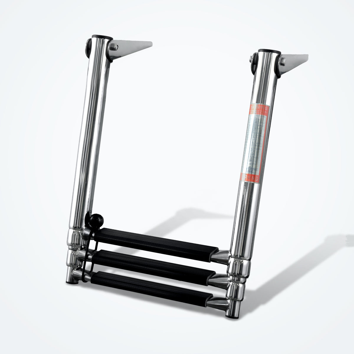 Marinexplore 3-step telescoping boat ladder made of marine-grade stainless steel with black anti-slip steps, partially collapsed front view against a light background.