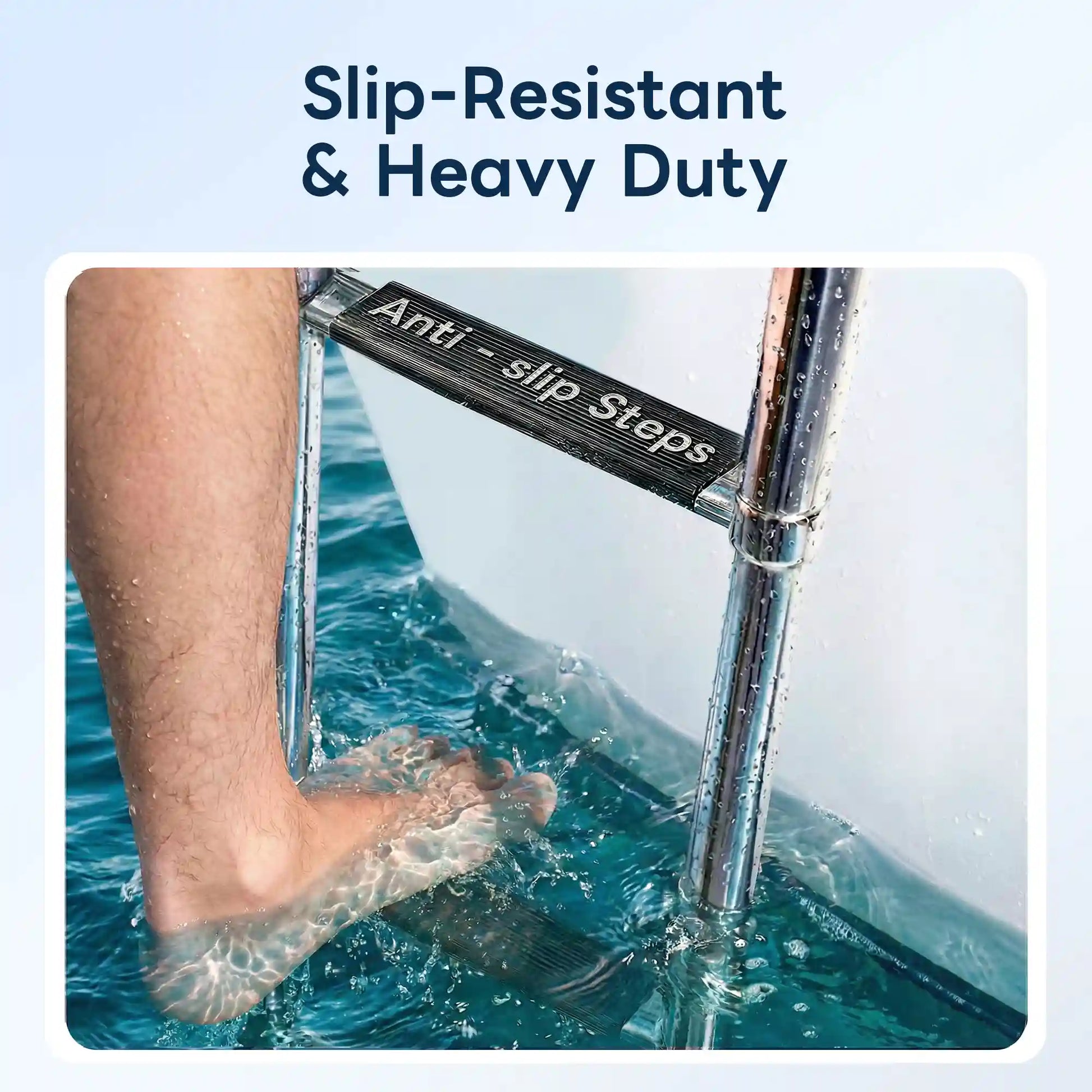 Bare foot stepping on Marinexplore 4-step boat ladder anti-slip molded vinyl step in wet saltwater conditions, demonstrating heavy-duty slip-resistant grip during boarding.