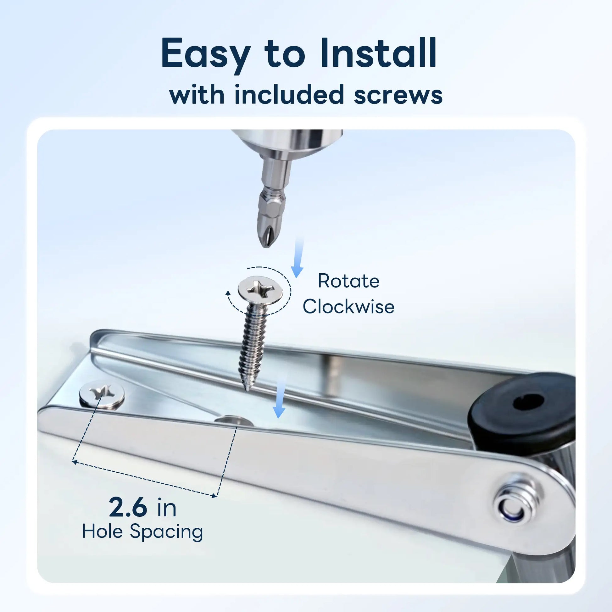 Close-up of Marinexplore boat ladder stainless steel mounting bracket being secured with a drill, showing 2.6-inch hole spacing and clockwise rotation instruction for easy installation.