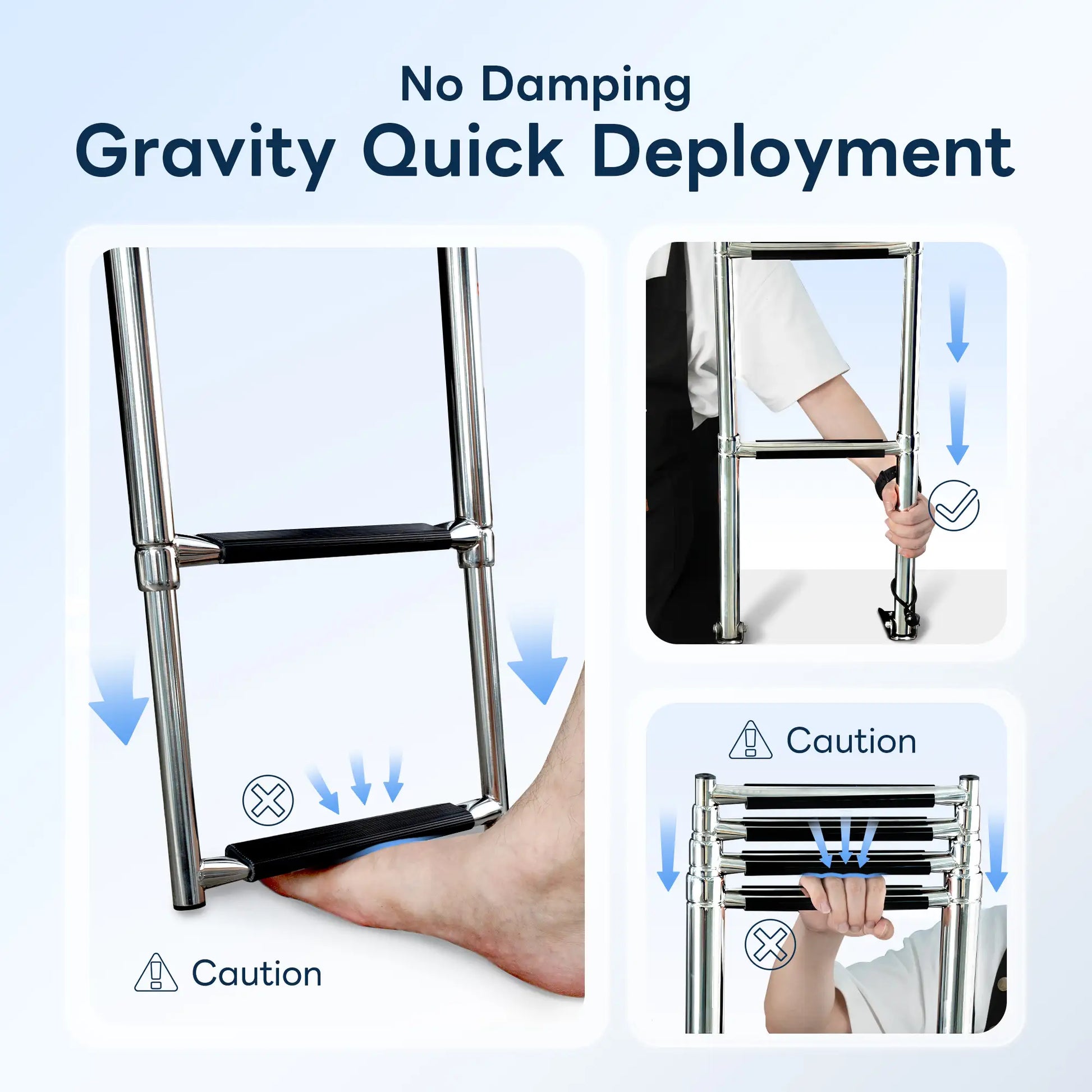 Instruction diagram for Marinexplore 4-step telescoping boat ladder showing correct gravity quick-deployment by hand and caution warnings against stepping or pressing during folding.