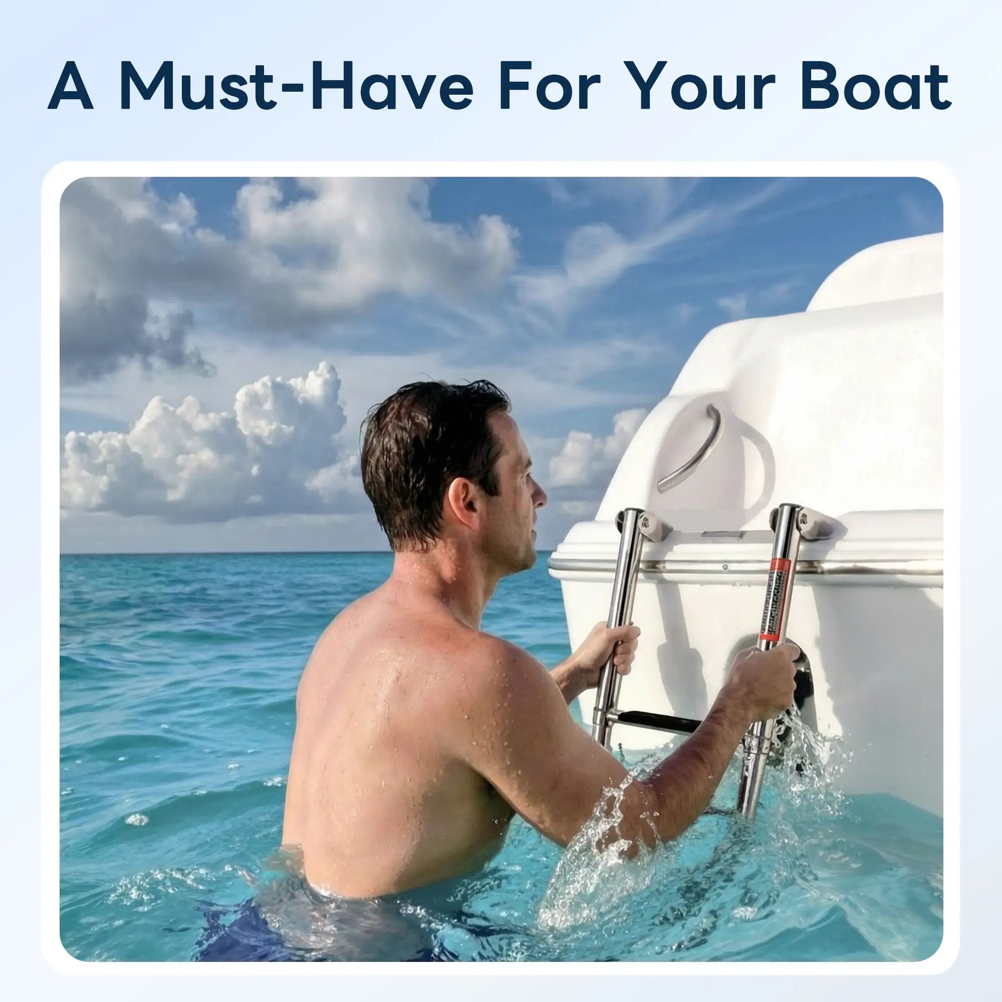 Man climbing out of ocean onto a white boat using Marinexplore 4-step telescoping stainless steel ladder, showing real-world boarding use in open saltwater conditions.