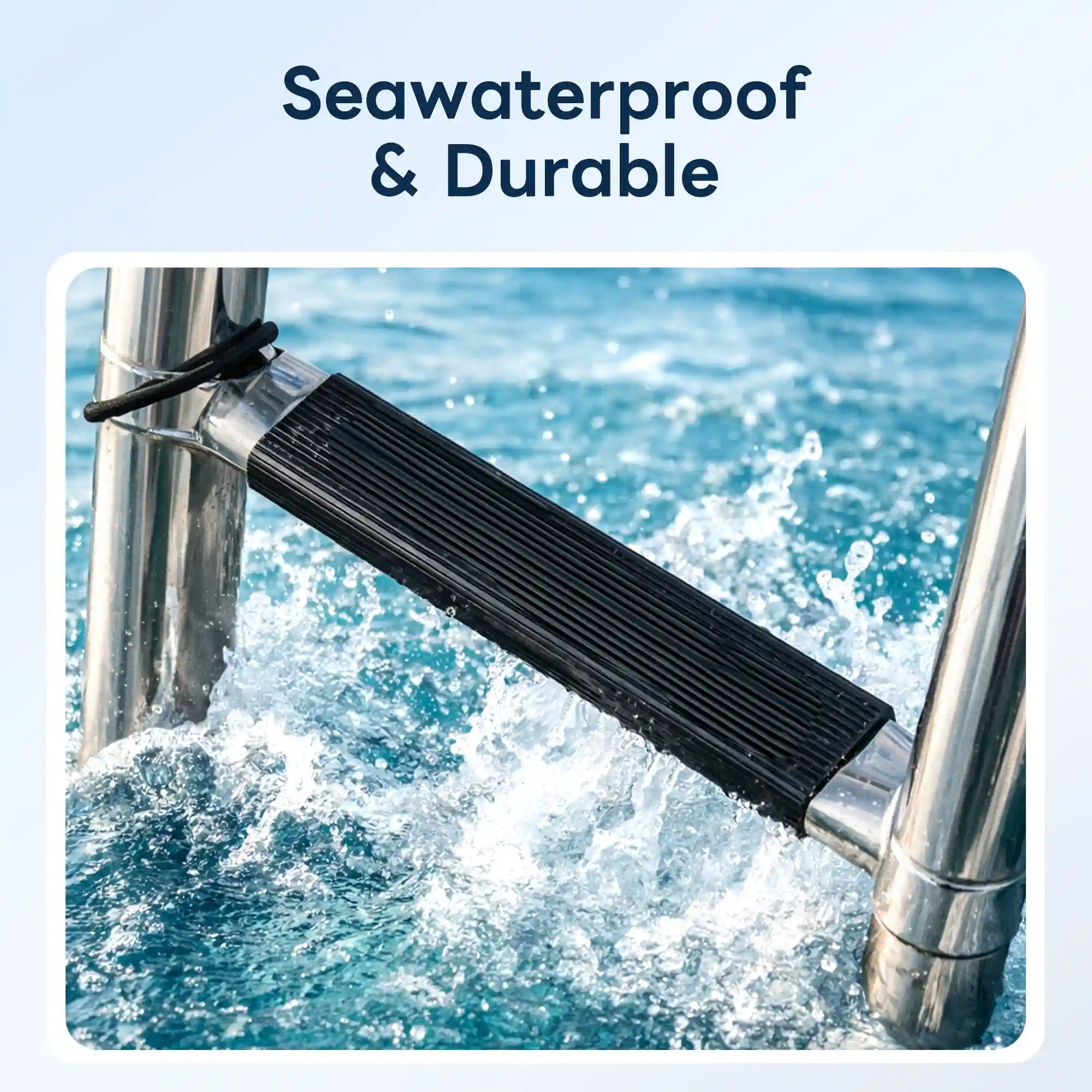 Close-up of Marinexplore telescoping boat ladder black vinyl step being splashed by saltwater waves, demonstrating seawater-resistant and durable construction for marine use.