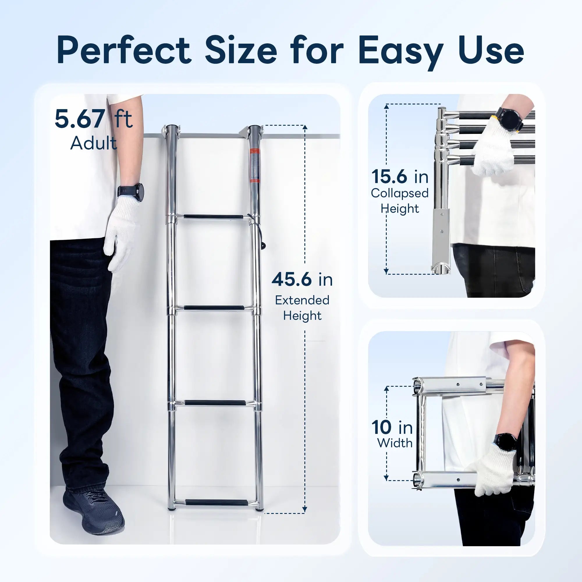 Marinexplore 4-step telescoping boat ladder size chart showing 45.6-inch extended height, 15.6-inch collapsed height, and 10-inch width, compared against an adult user for scale.