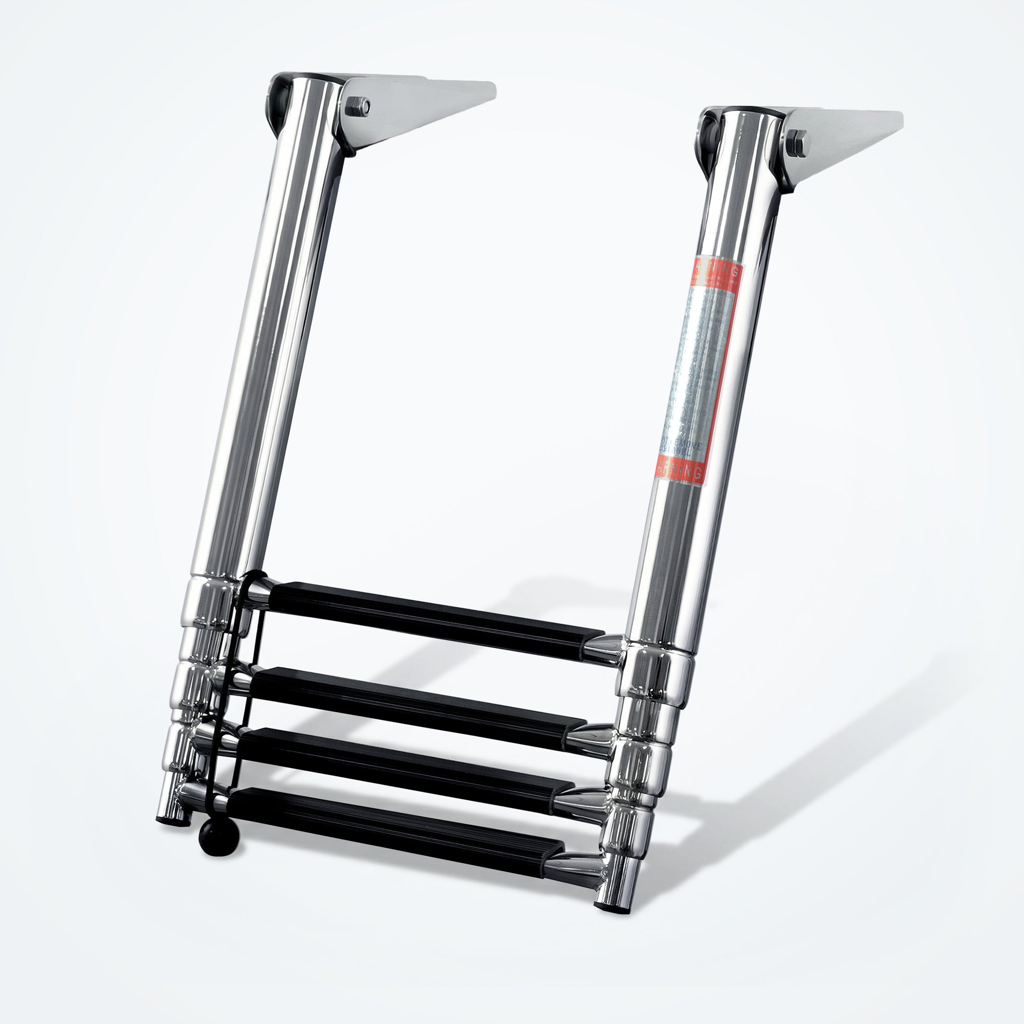 Marinexplore 4-step telescoping boat ladder in polished marine-grade stainless steel with black anti-slip steps, hanging extended beneath swim platform, front view.