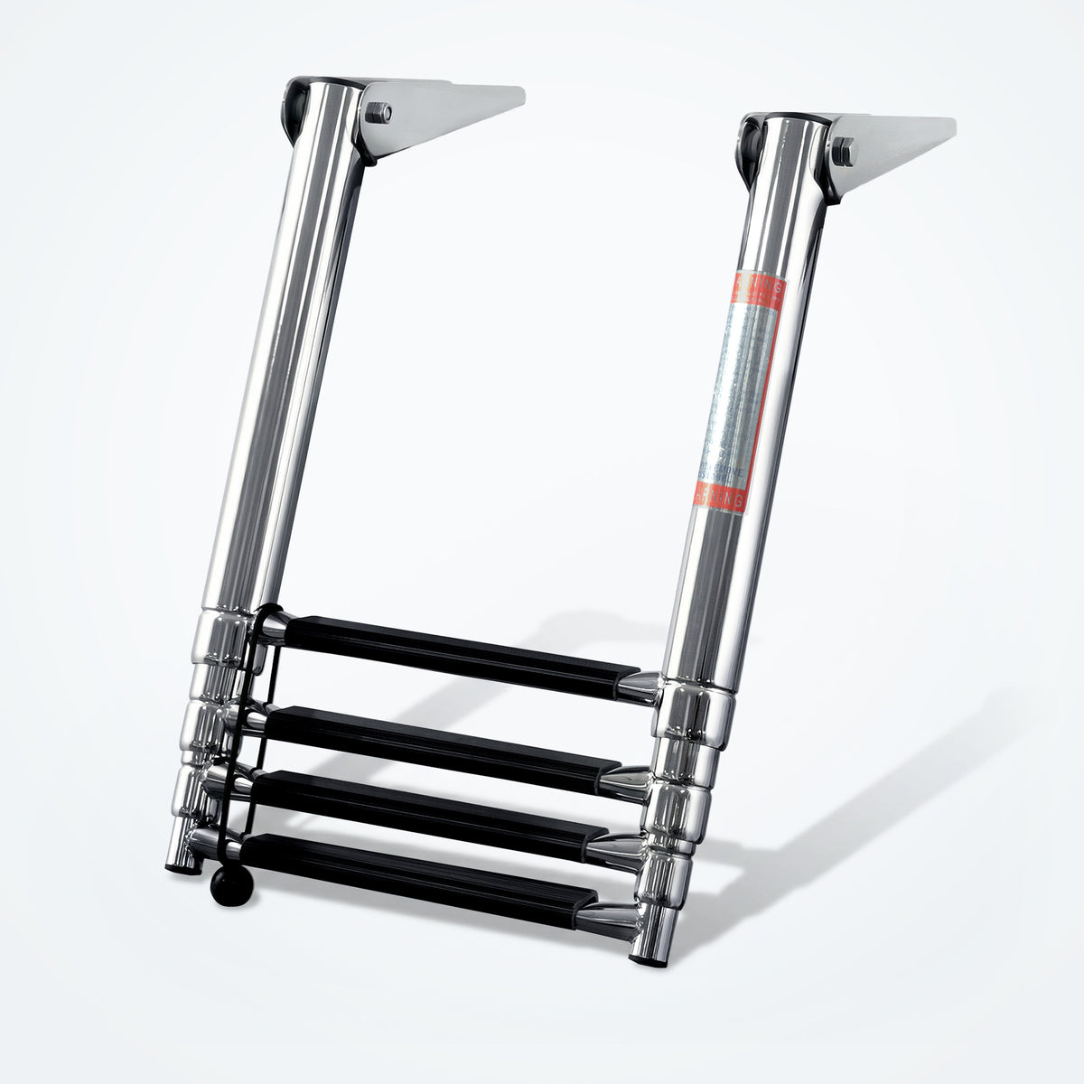 Marinexplore 4-step telescoping boat ladder in polished marine-grade stainless steel with black anti-slip steps, hanging extended beneath swim platform, front view.