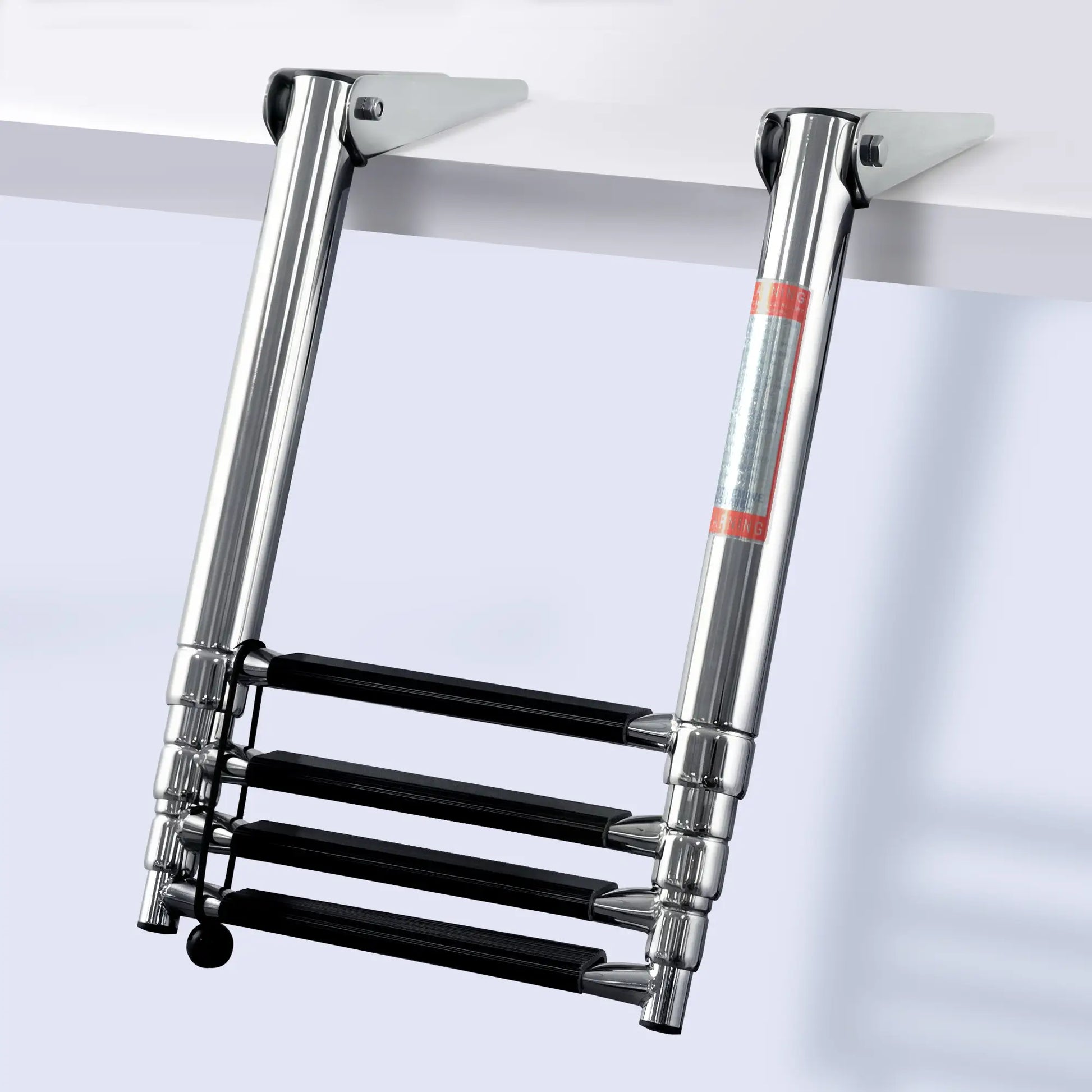 Marinexplore 4-step telescoping boat ladder in polished marine-grade stainless steel with black anti-slip steps, hanging extended beneath swim platform, front view.